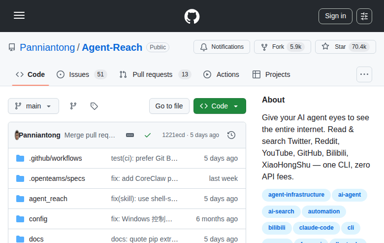 Agent Reach GitHub 首頁頂部（repo 名稱 Panniantong/Agent-Reach + 70.4k Star 數 + 5.9k Fork 數 + 項目描述「Give your AI agent eyes to see the entire internet」+ Topics 標籤）