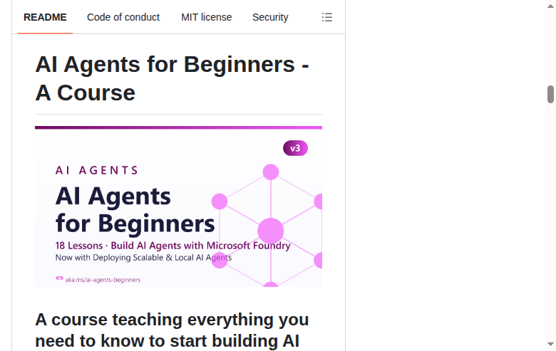 Microsoft AI Agents for Beginners README 開頭（課程 H1 大字 + 定位描述）