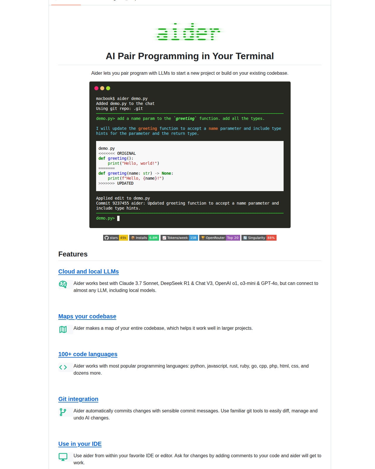 Aider README 開頭(專案名稱 Aider 標誌、標語 AI Pair Programming in Your Terminal 與功能列表)