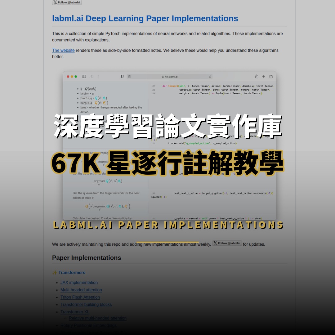 67,308 星開源項目：深度學習論文實作庫 — 逐行註解的 PyTorch 教學
