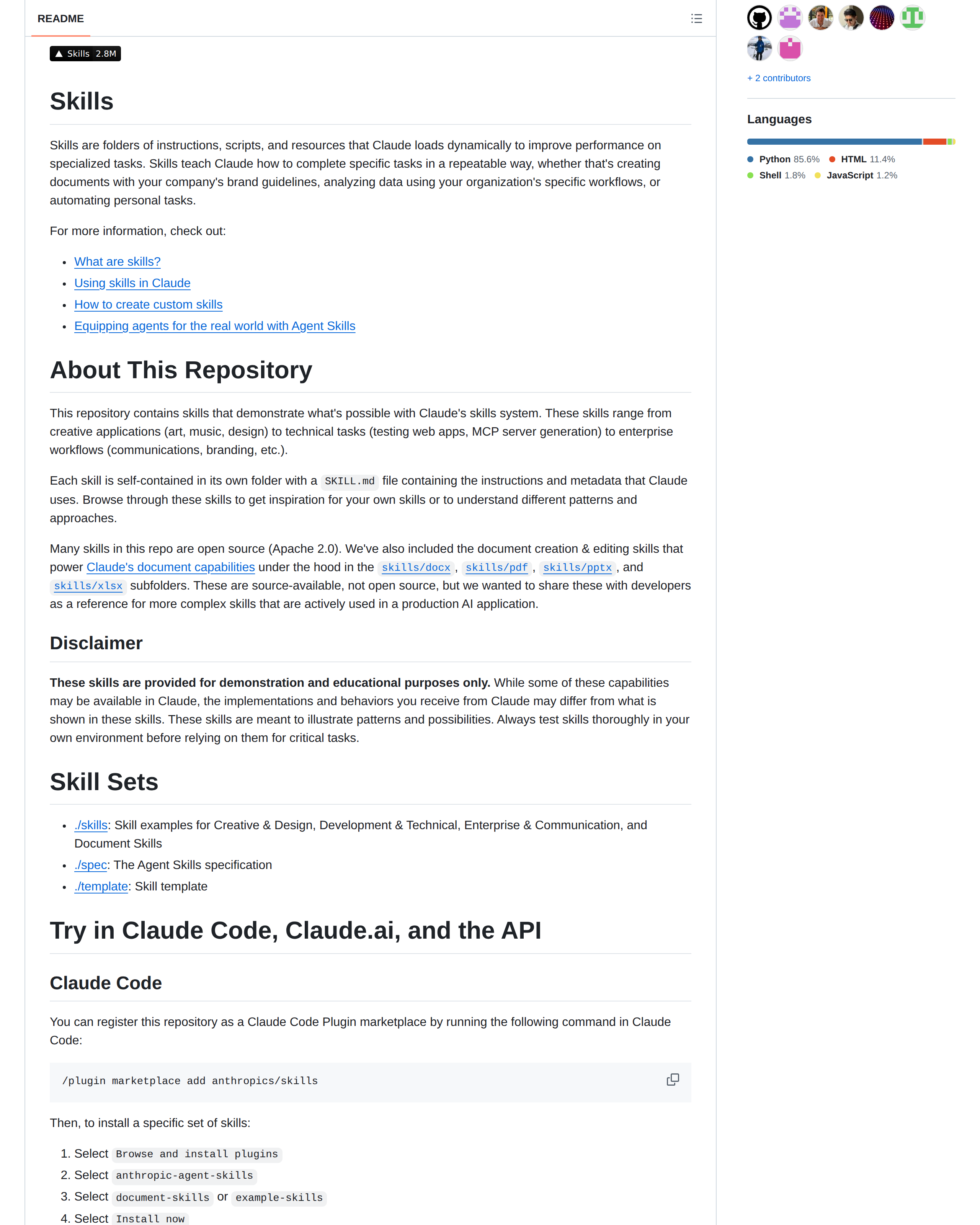 Anthropic Skills README 開頭（項目名稱「Skills」+ 標語「Skills are folders of instructions, scripts, and resources」+ 社群 badge）