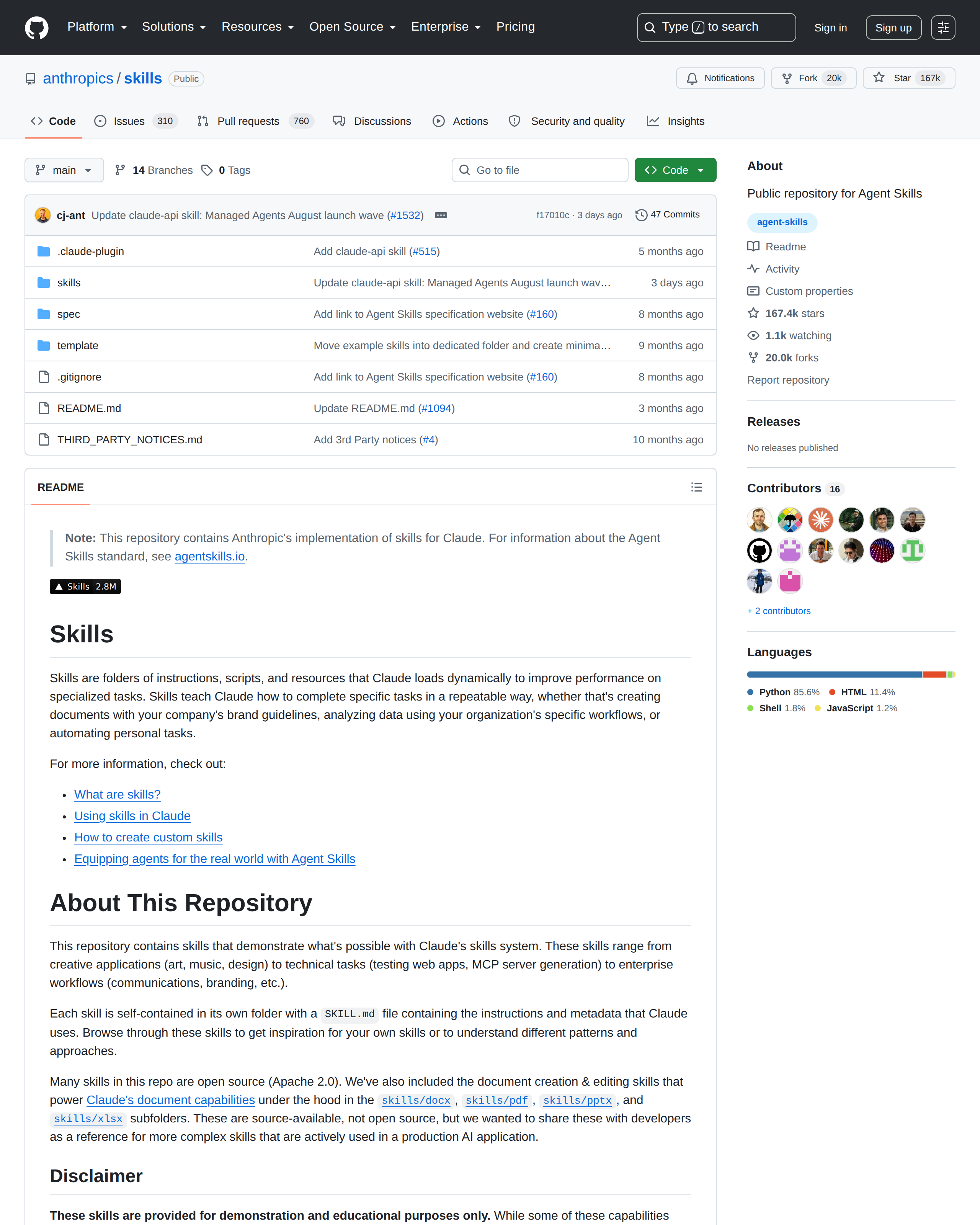Anthropic Skills GitHub 首頁頂部（repo 名 anthropics/skills + 167k stars + 項目描述「Public repository for Agent Skills」）