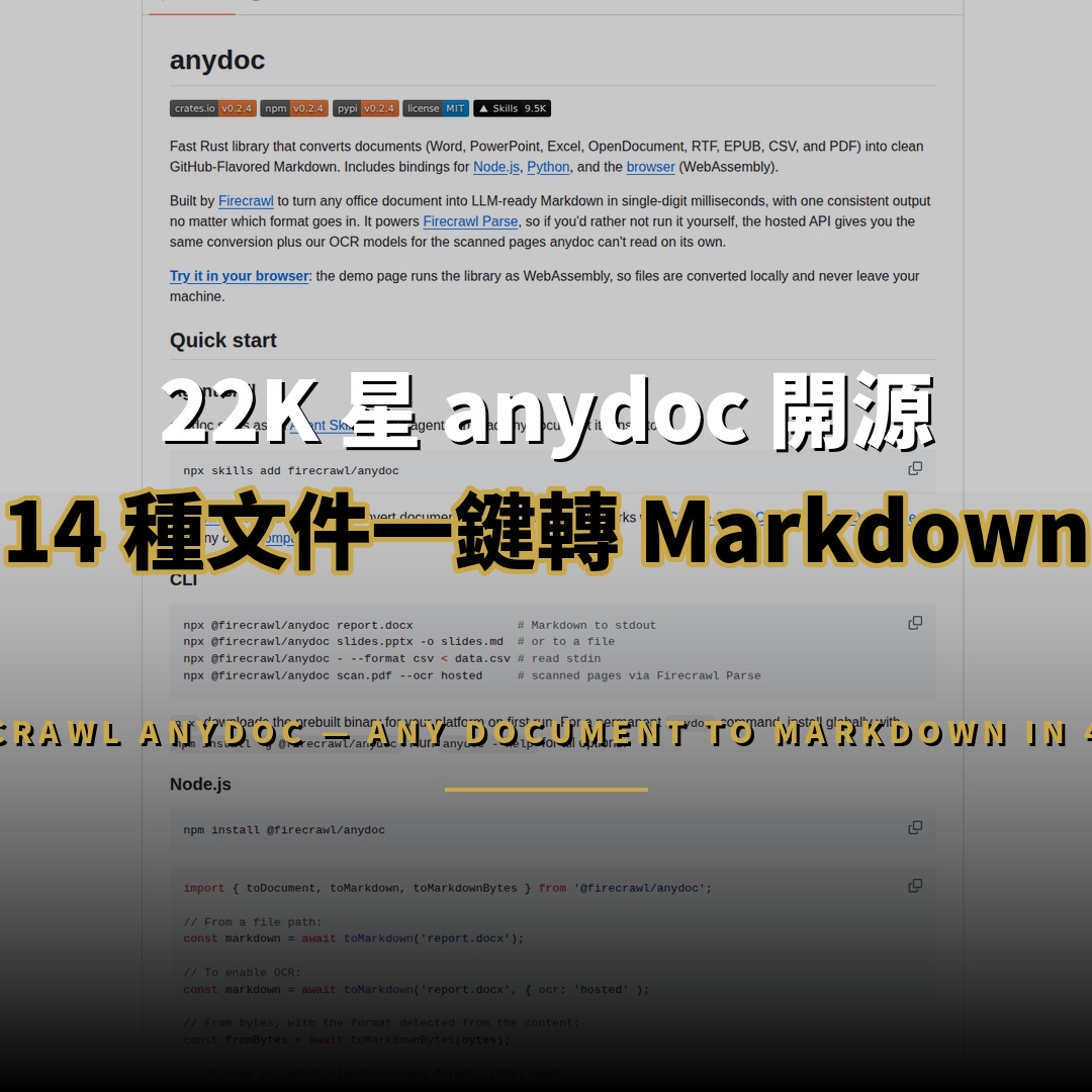 22K 星 anydoc 開源：14 種文件一鍵轉 Markdown