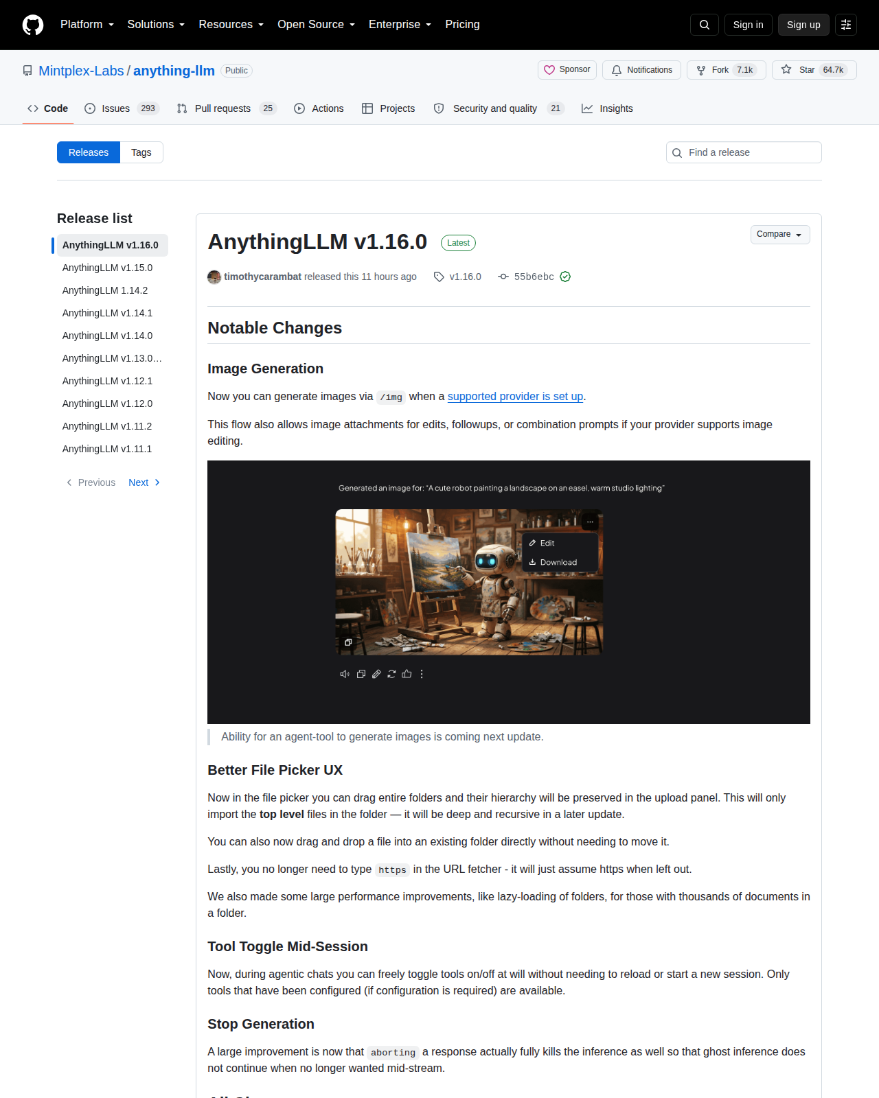 AnythingLLM GitHub Releases 頁面（最新版本 v1.16.0 於 11 小時前發佈 + 版本發行說明列出圖像生成、檔案選擇器改善、工具中段切換與中止生成等更新）