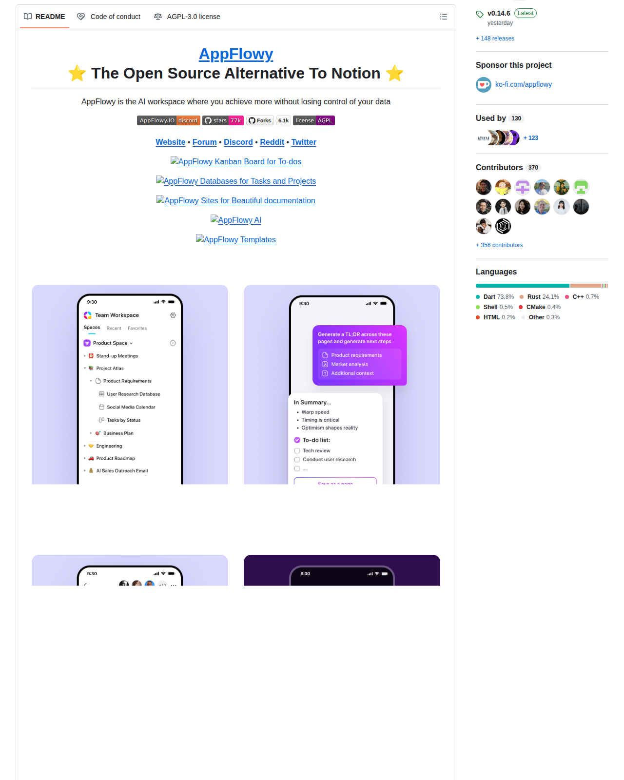 AppFlowy 專案的 README 開頭，顯示專案名稱、Notion 開源替代方案標語與資料主權描述