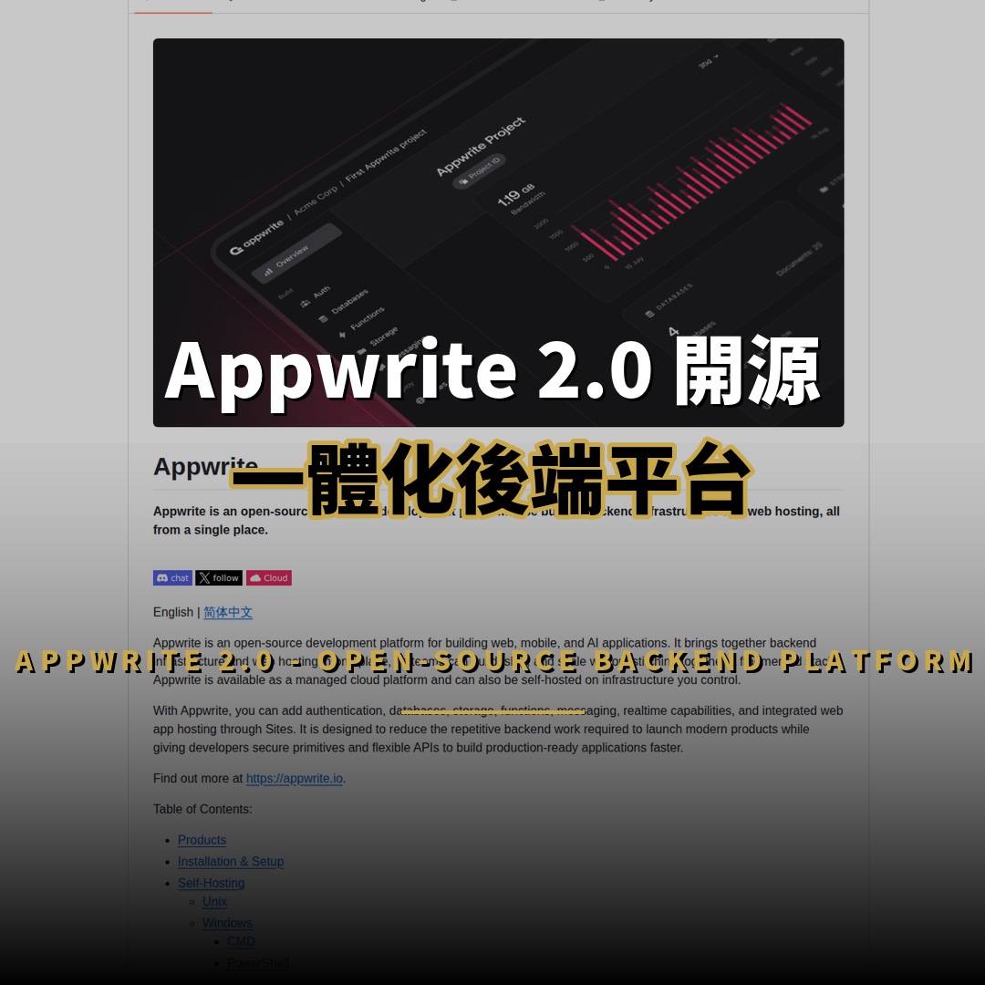 Appwrite 2.0 開源：57K 星一體化後端平台