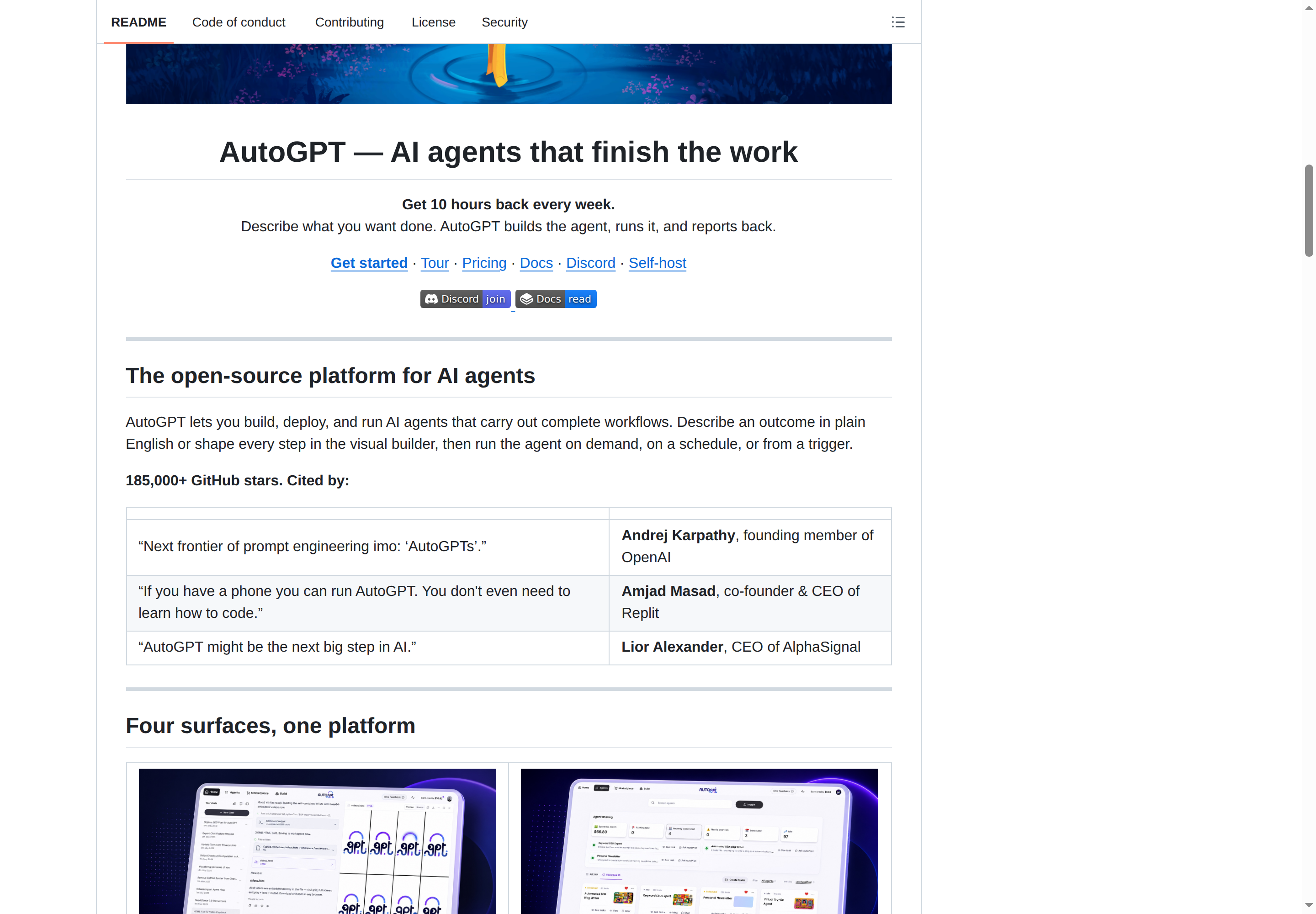 AutoGPT 統計頁面（forks / releases / contributors / languages）