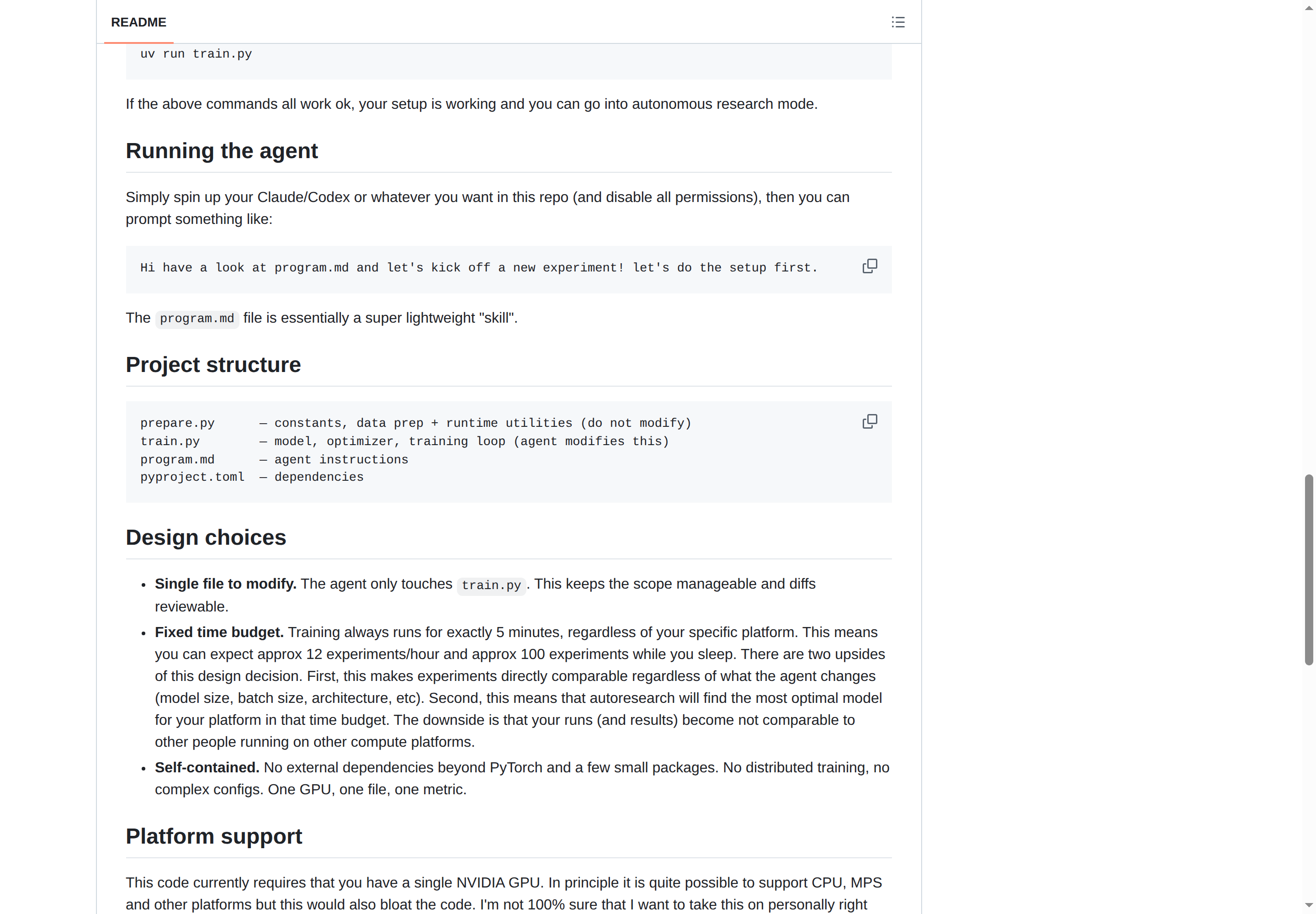 autoresearch README Running the agent 與 Design choices 部分