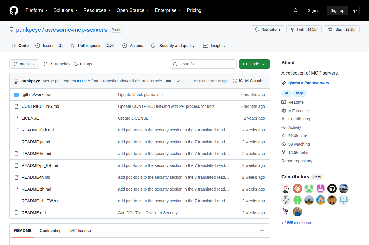 Awesome MCP Servers GitHub 首頁頂部（repo 名稱「punkpeye/awesome-mcp-servers」+ Star 數量 92,286 + Fork 數量 14,455 + 項目描述「A collection of MCP servers」+ Topics 標籤）