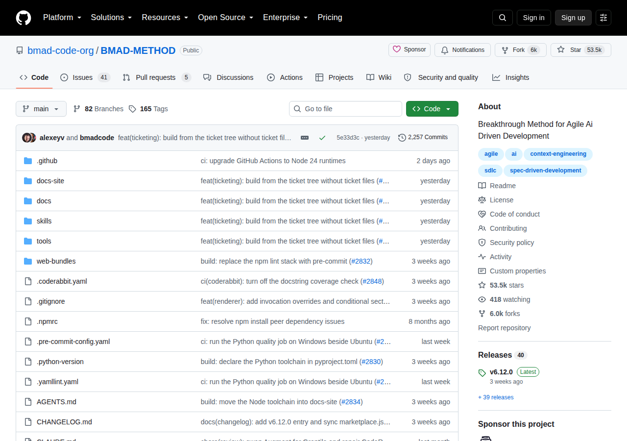bmad-code-org/BMAD-METHOD GitHub 首頁頂部(儲存庫名稱 BMAD-METHOD、5.3 萬星標與專案描述)