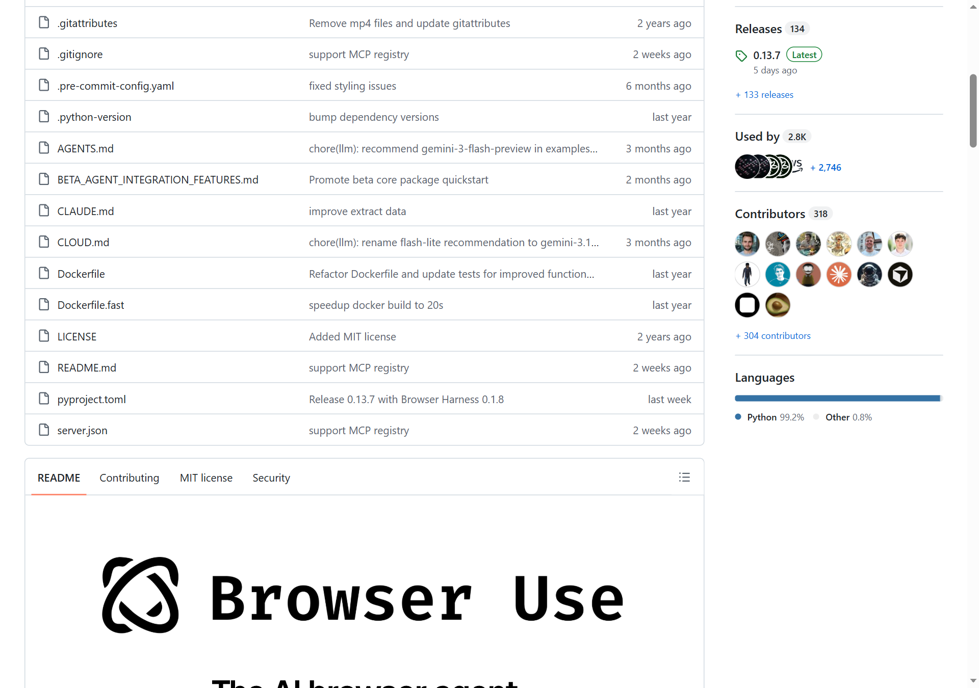 browser-use 專案統計(Releases/Contributors/Languages)