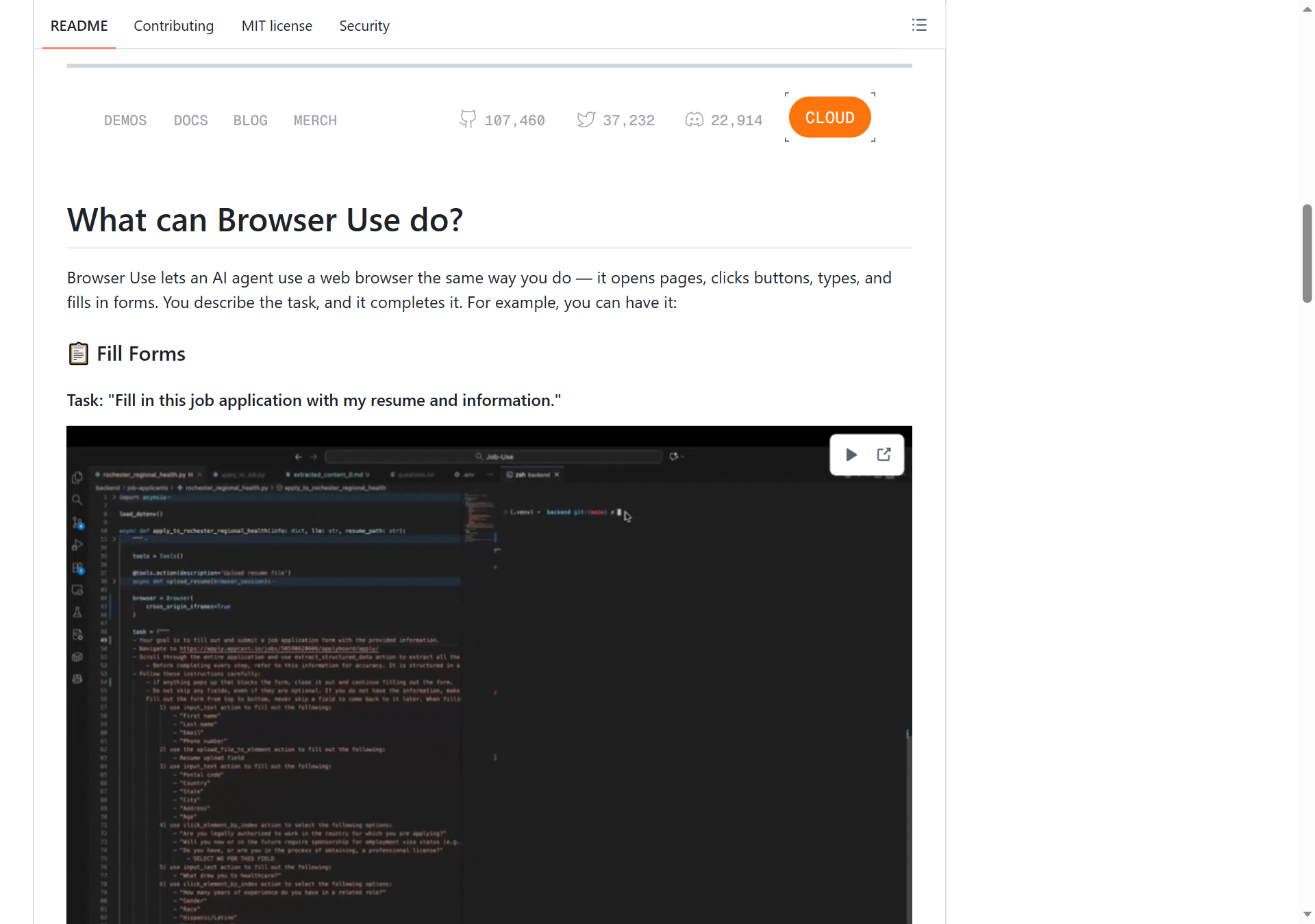 browser-use README 內容(功能示範)