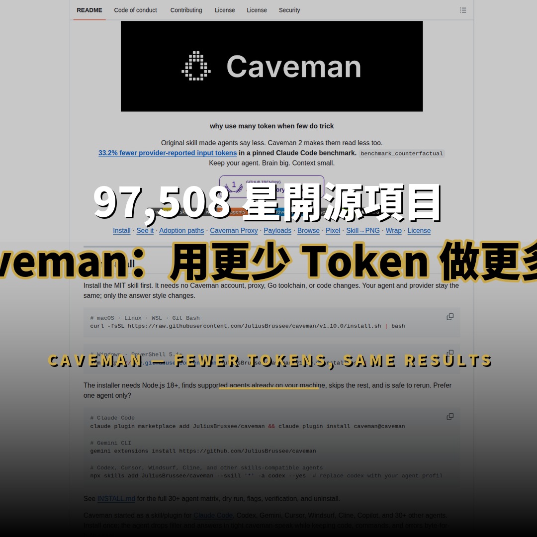 97,508 星開源項目：Caveman — 用更少 Token 做更多事