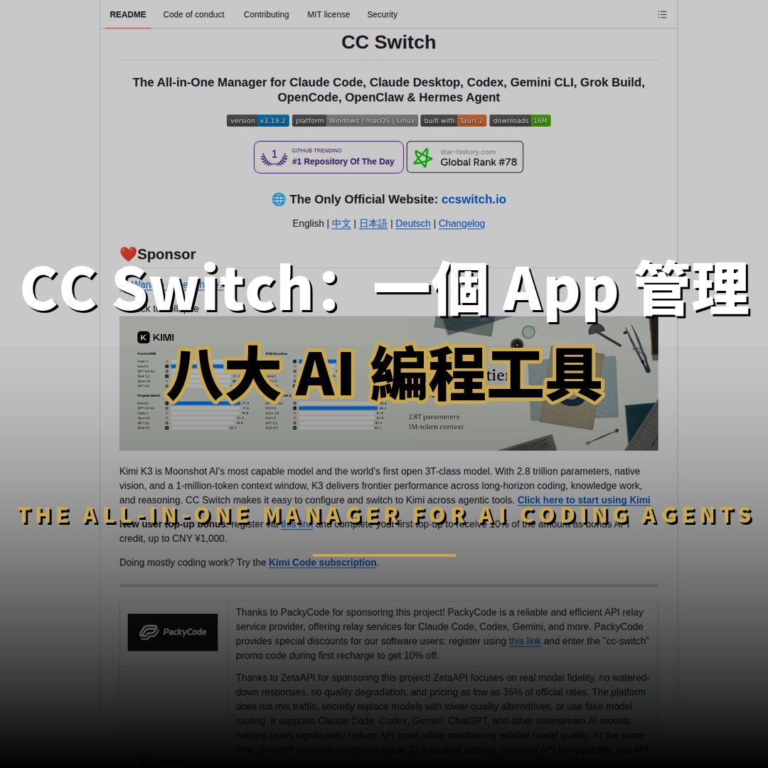127,311 星開源項目：CC Switch — 統一管理八大 AI 工具