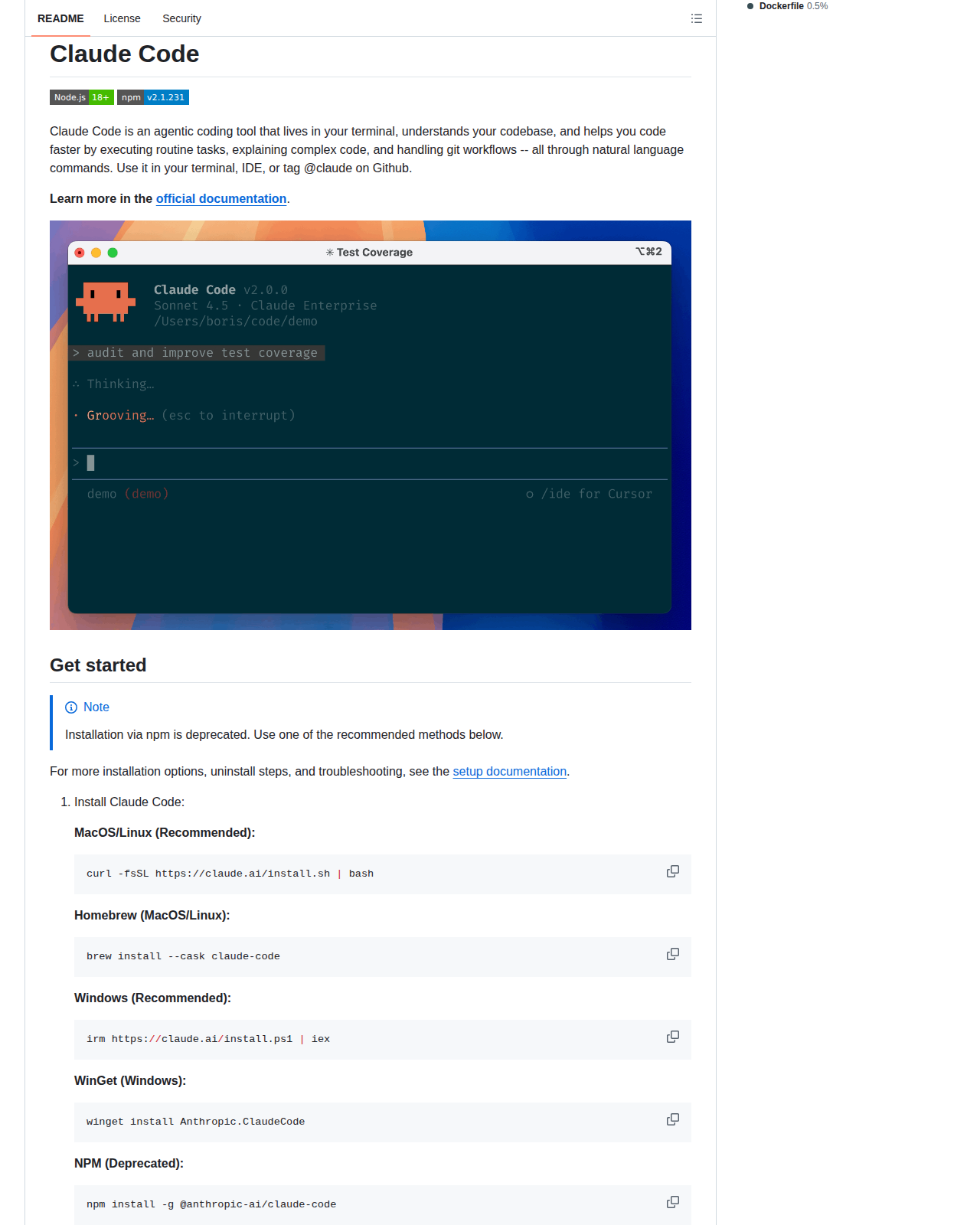 Claude Code README 開頭(項目名稱 + 官方簡介)