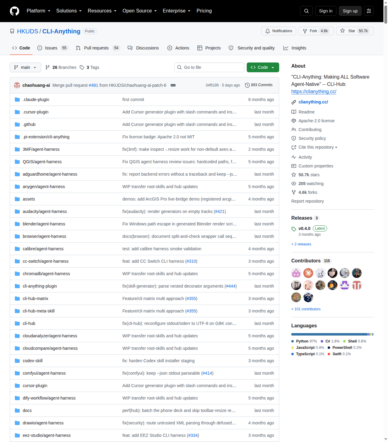 HKUDS/CLI-Anything GitHub 首頁頂部(儲存庫名稱、Star 數 50.7k 與專案描述)