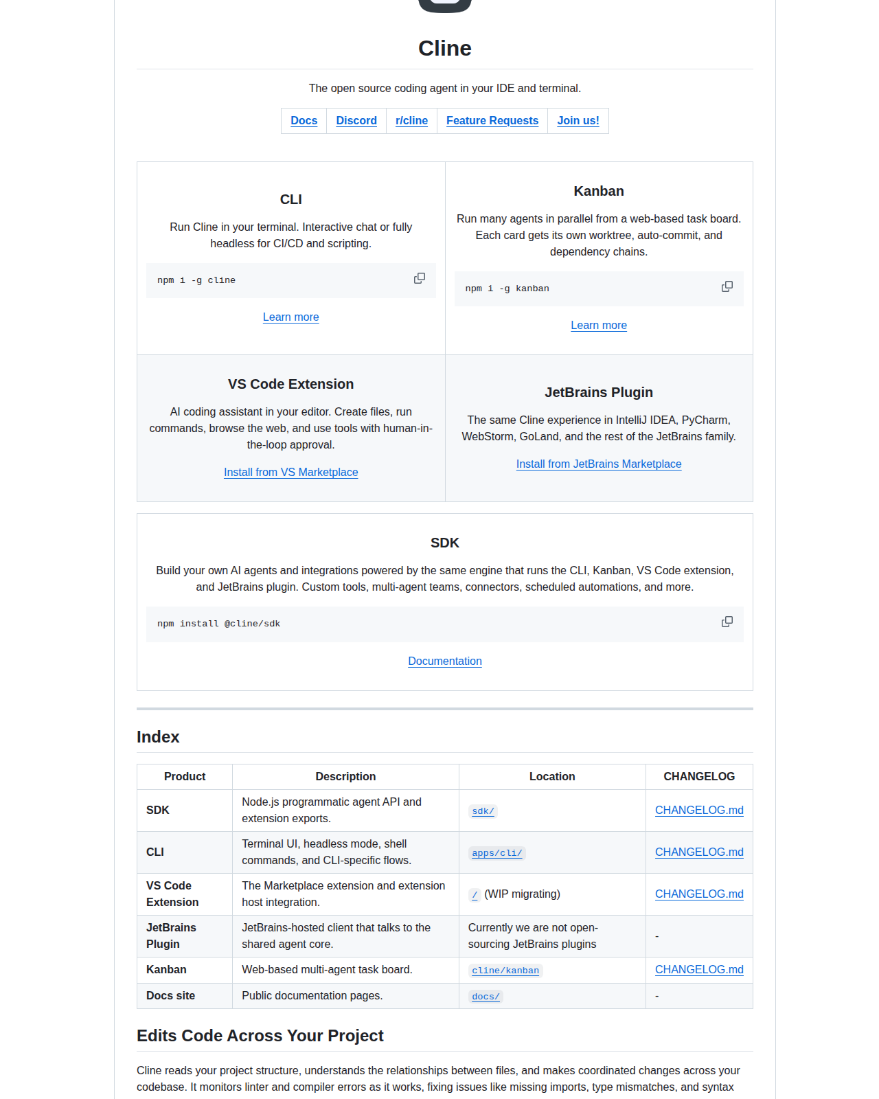 Cline README 開頭截圖，顯示項目名稱 Cline、標語 The open source coding agent in your IDE and terminal，以及 CLI、Kanban、VS Code 擴展、JetBrains 插件與 SDK 的功能介紹卡片