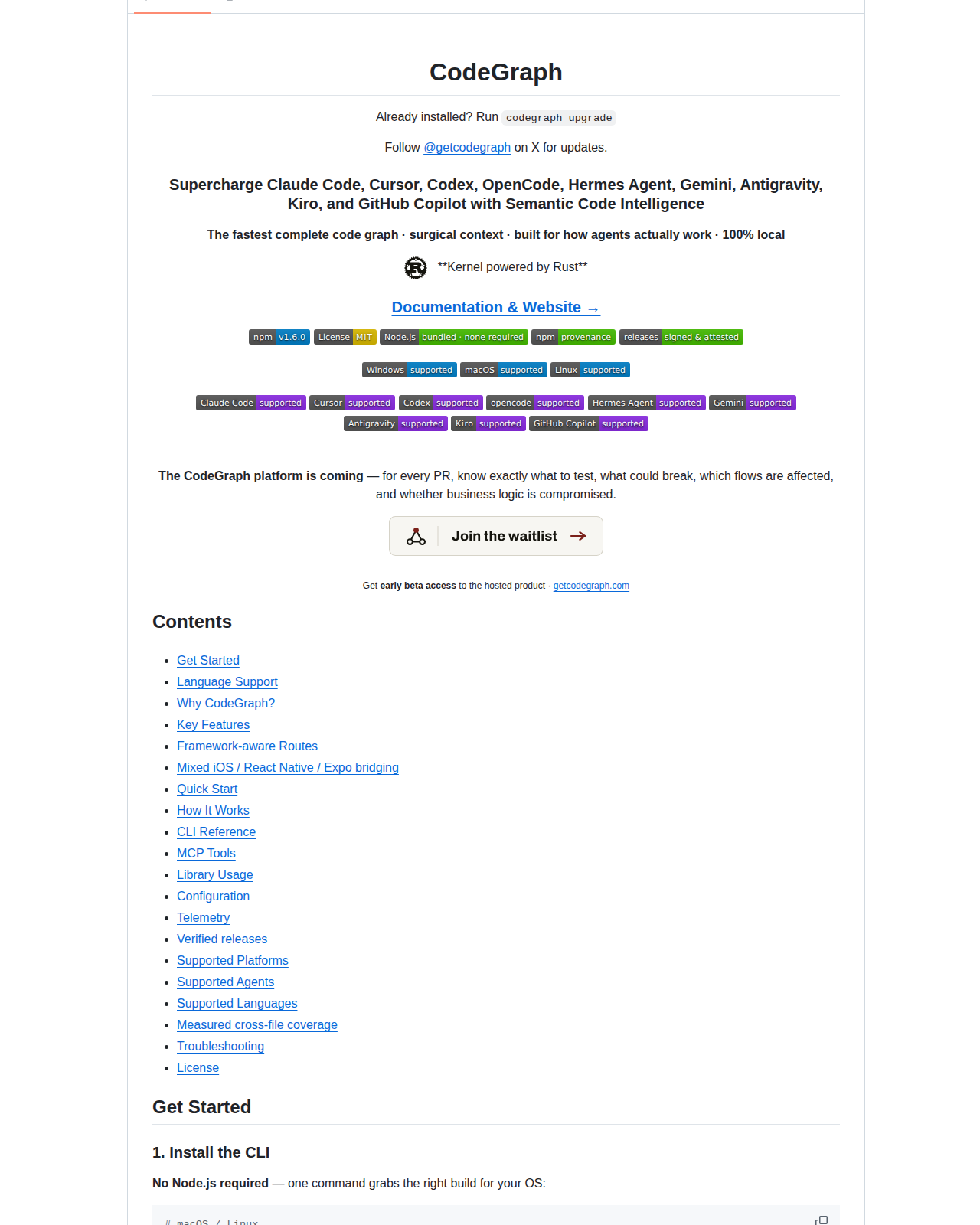 colbymchenry/codegraph README 開頭(專案名稱 CodeGraph、標語 Supercharge Claude Code 與支援代理清單,以及 Rust 核心說明)
