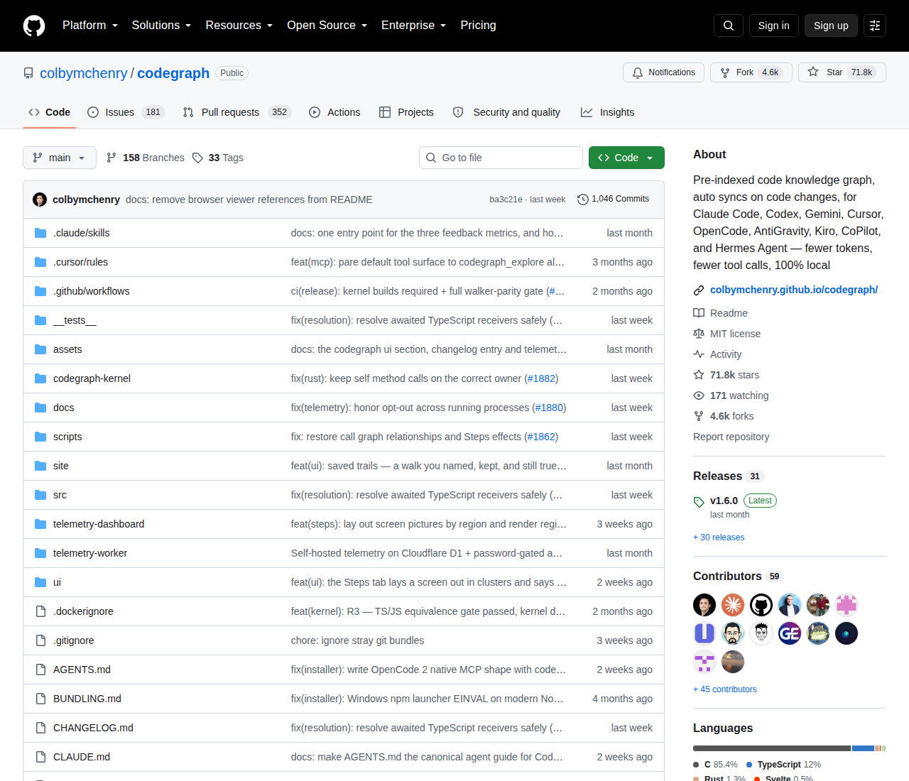colbymchenry/codegraph 關於側欄統計(71.8k 星標、171 位關注者、4.6k 分支,以及 C、TypeScript、Rust 等語言比例)