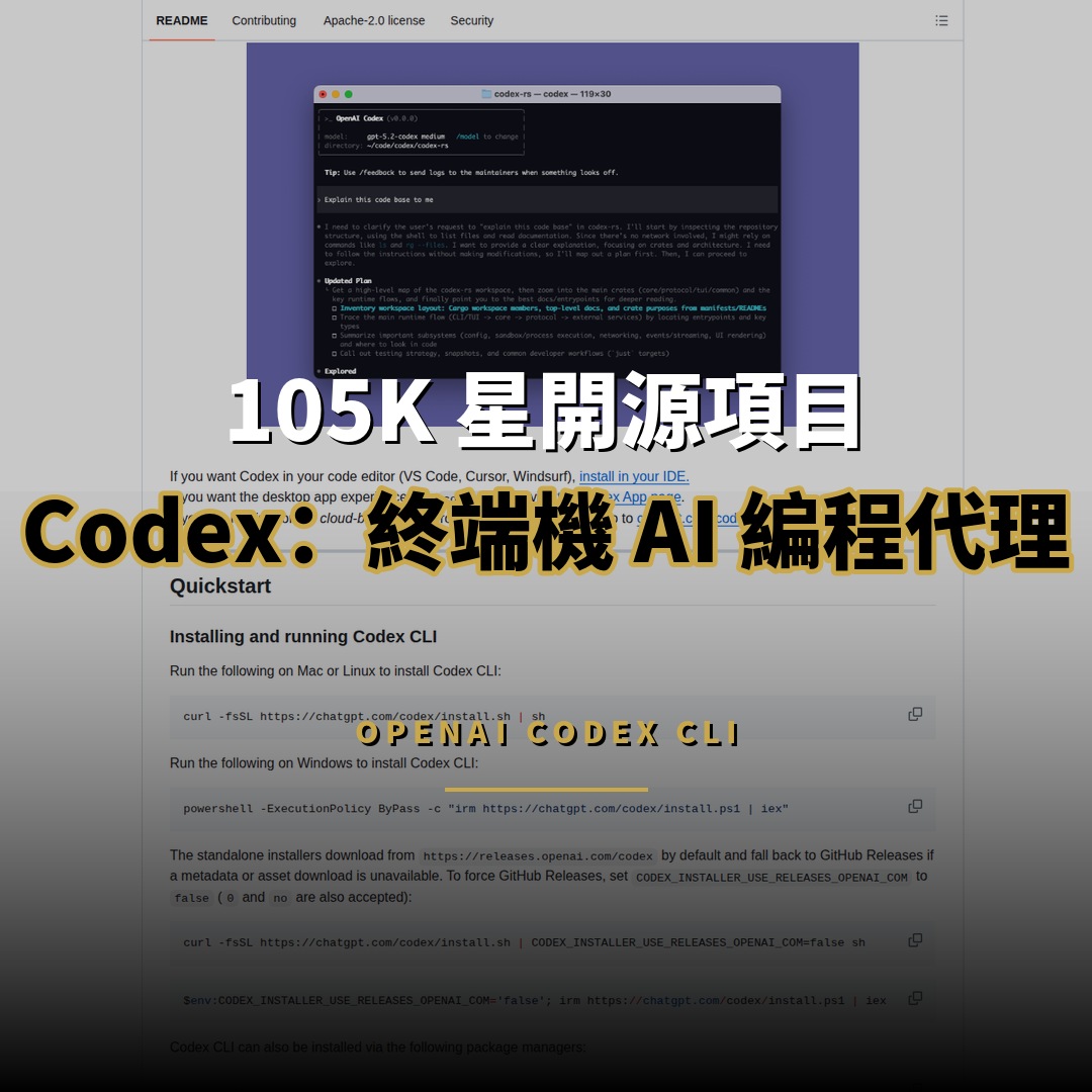 105K 星開源項目：OpenAI Codex — 終端機 AI 編程代理