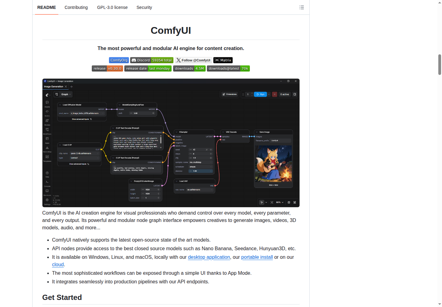 ComfyUI README 核心內容（Features + Model support）