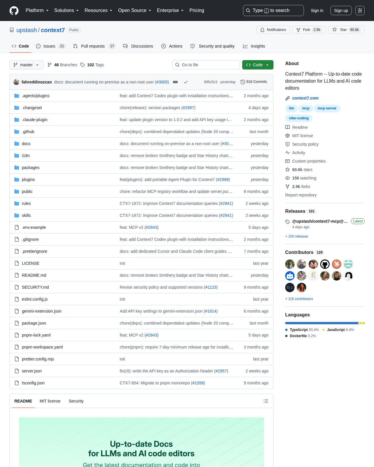Context7 GitHub 首頁頂部（repo 名 upstash/context7 + Star 數 60.6k + 描述「Up-to-date code documentation for LLMs and AI code editors」）