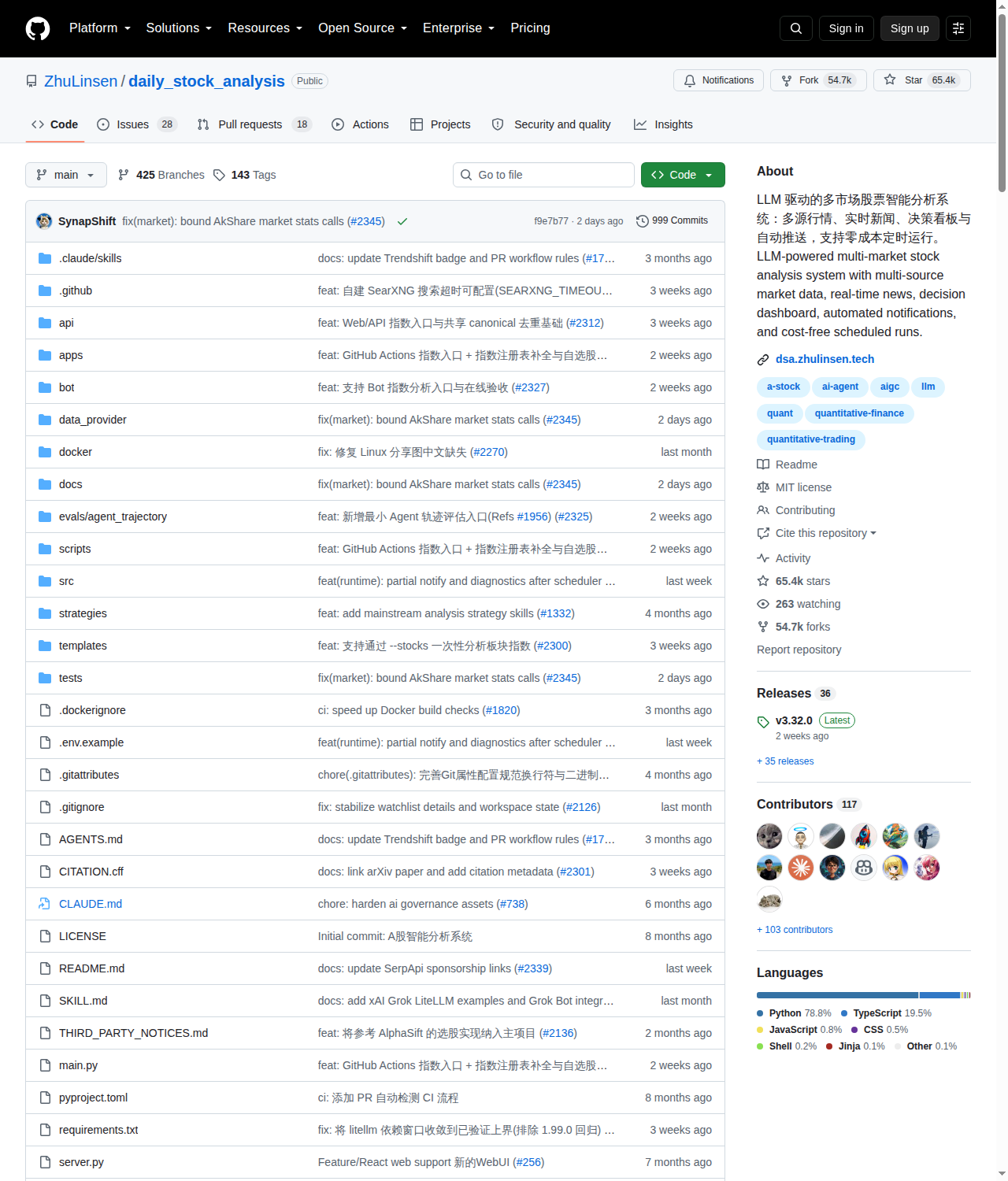 ZhuLinsen/daily_stock_analysis GitHub 首頁頂部（repo 名 ZhuLinsen/daily_stock_analysis、Star 數 65.4k、Fork 數 54.7k、117 位貢獻者與 Python 78.8% 語言比例）