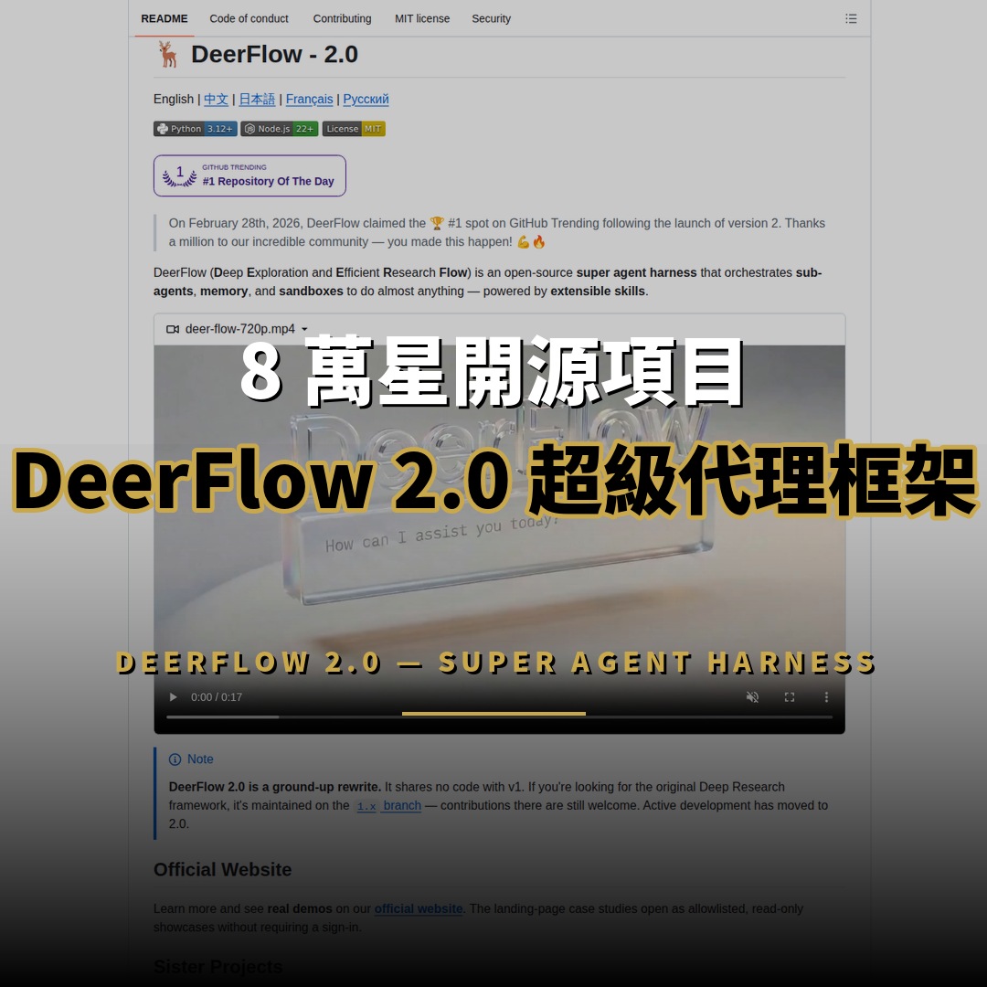 8 萬星開源項目：DeerFlow 2.0 — 字節跳動的長時程任務超級代理框架