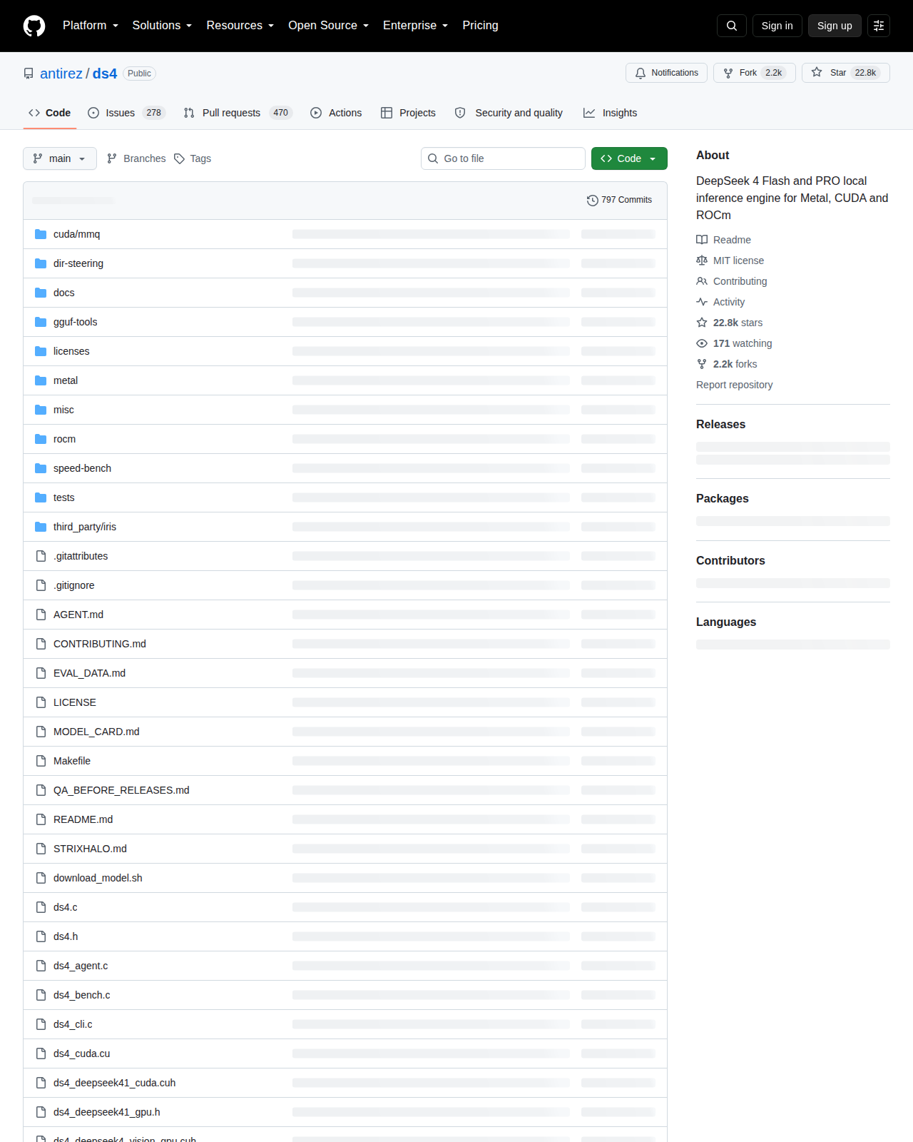 DwarfStar 的 GitHub 倉庫首頁,顯示倉庫名稱 antirez/ds4、星標數、複製數與專案描述