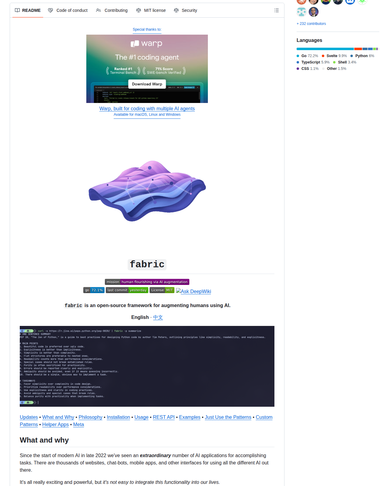 Fabric 專案的 README 開頭,顯示專案名稱 fabric、標語「an open-source framework for augmenting humans using AI」以及授權與社群徽章