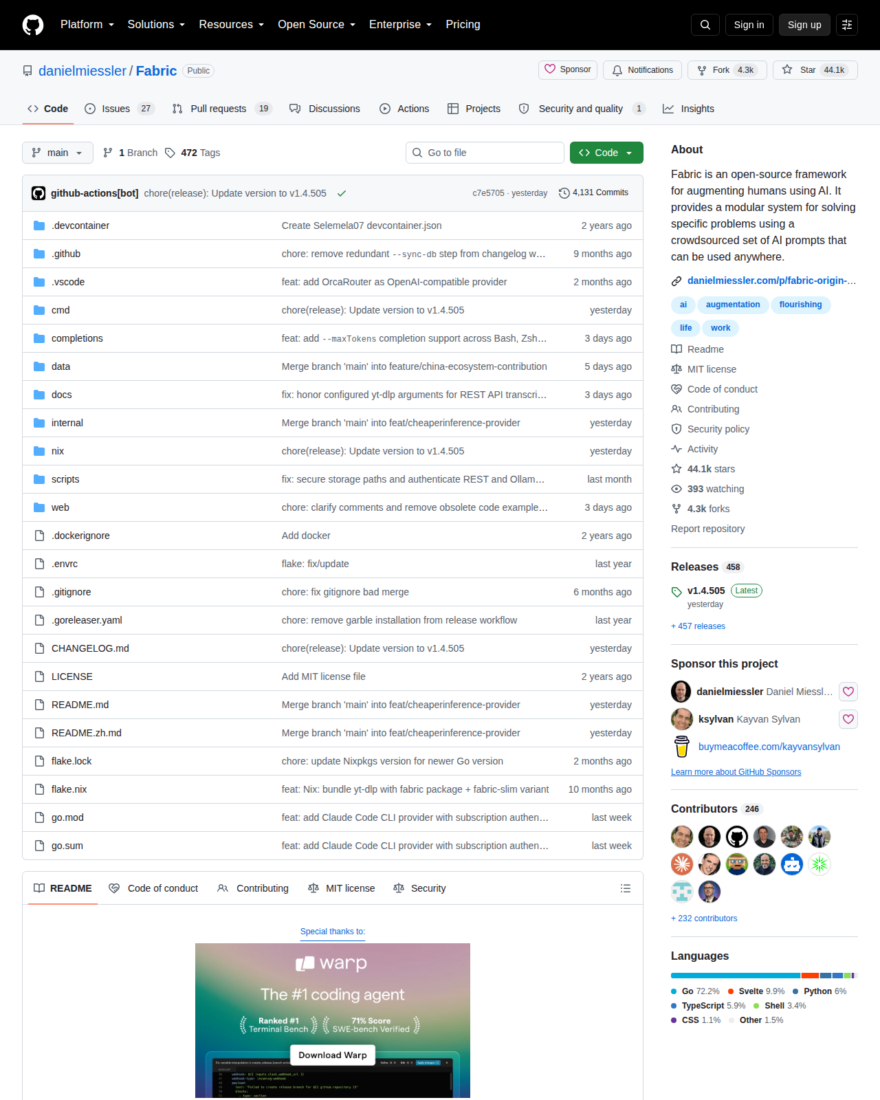 Fabric GitHub 倉庫首頁,顯示倉庫名稱 danielmiessler/Fabric、分支資訊、44.1k 星標數與複製次數
