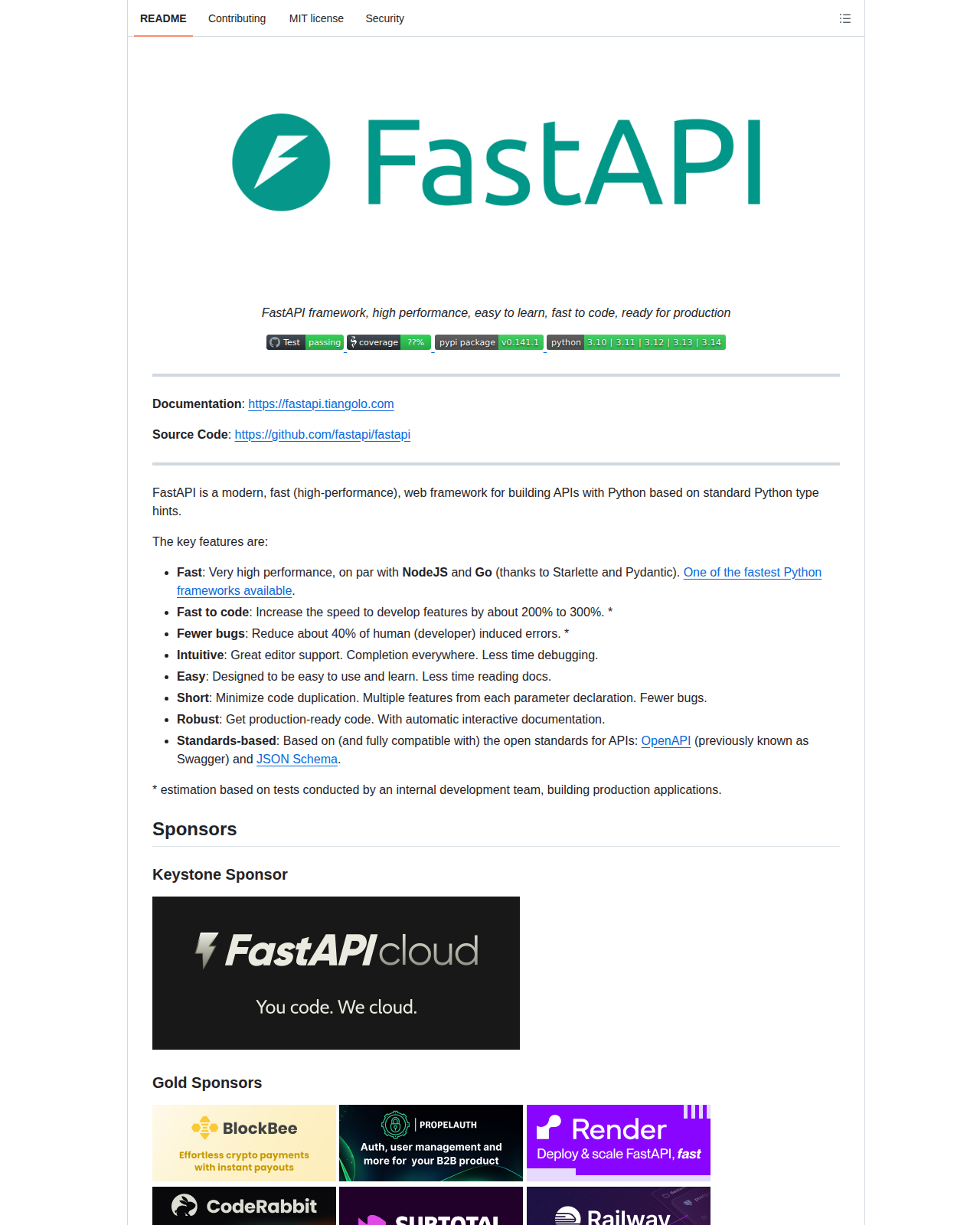 FastAPI README 開頭(項目名稱 FastAPI + 綠色閃電標誌 + 標語「FastAPI framework, high performance, easy to learn, fast to code, ready for production」+ 測試與覆蓋率徽章 + PyPI 套件版本 0.141.1)