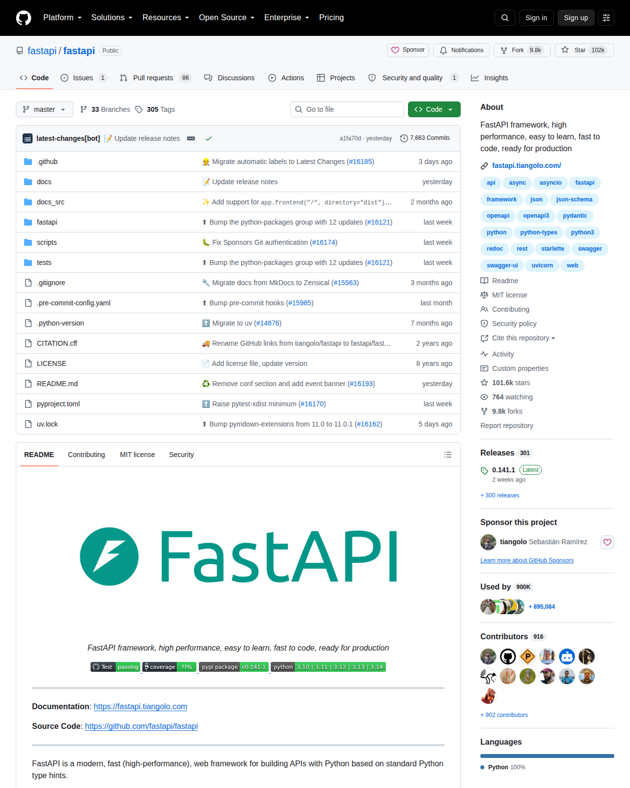 FastAPI GitHub 首頁頂部(repo 名稱 fastapi/fastapi + 102k Star + 9.8k Forks + 描述「FastAPI framework, high performance, easy to learn, fast to code, ready for production」+ 主要語言 Python 100% + MIT 授權)