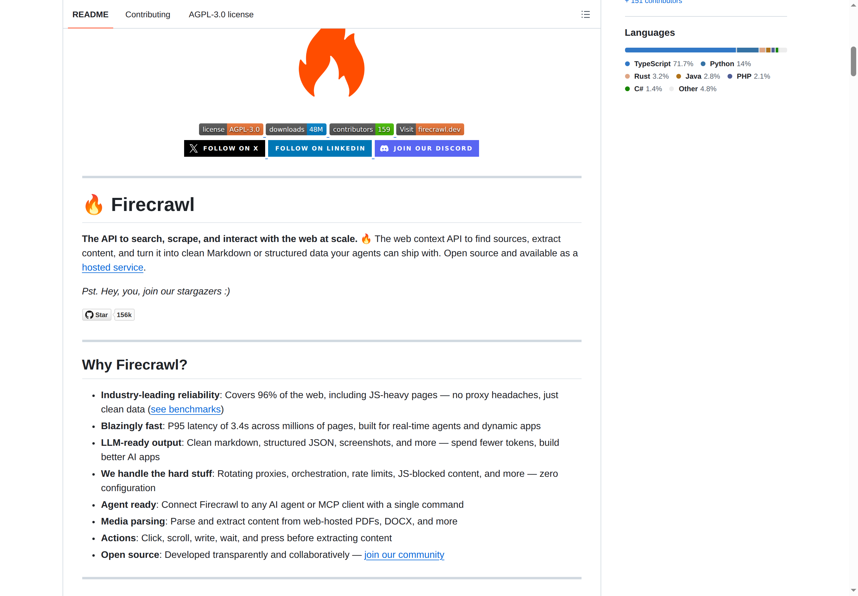 Firecrawl README 核心內容（Why Firecrawl + 功能總覽）