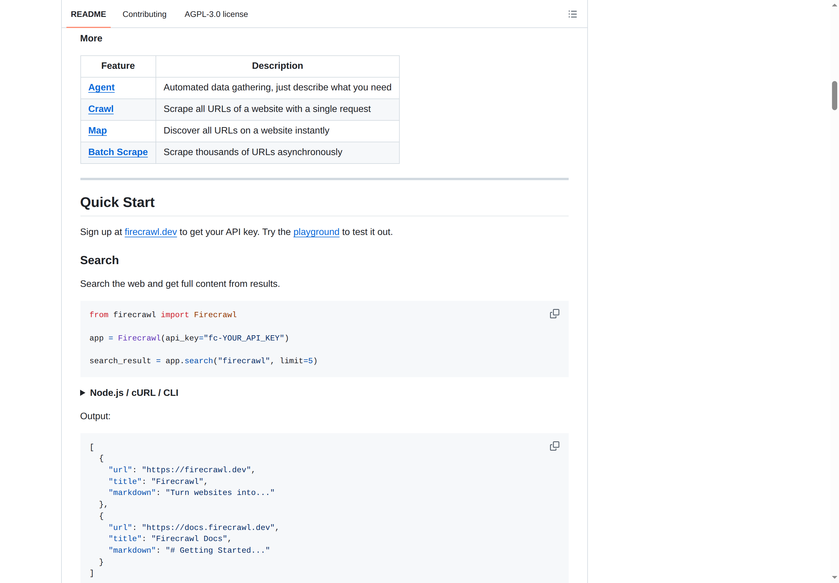 Firecrawl README 進階功能（Agent / Crawl / Map + Quick Start）