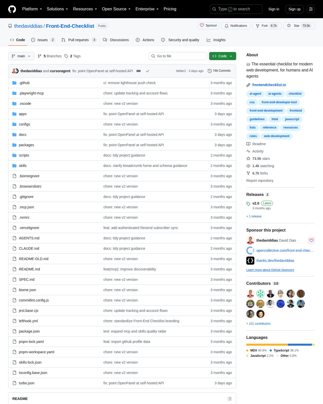 Front-End Checklist GitHub 首頁頂部（repo 名 + Star 數 73.5k + 官方描述）