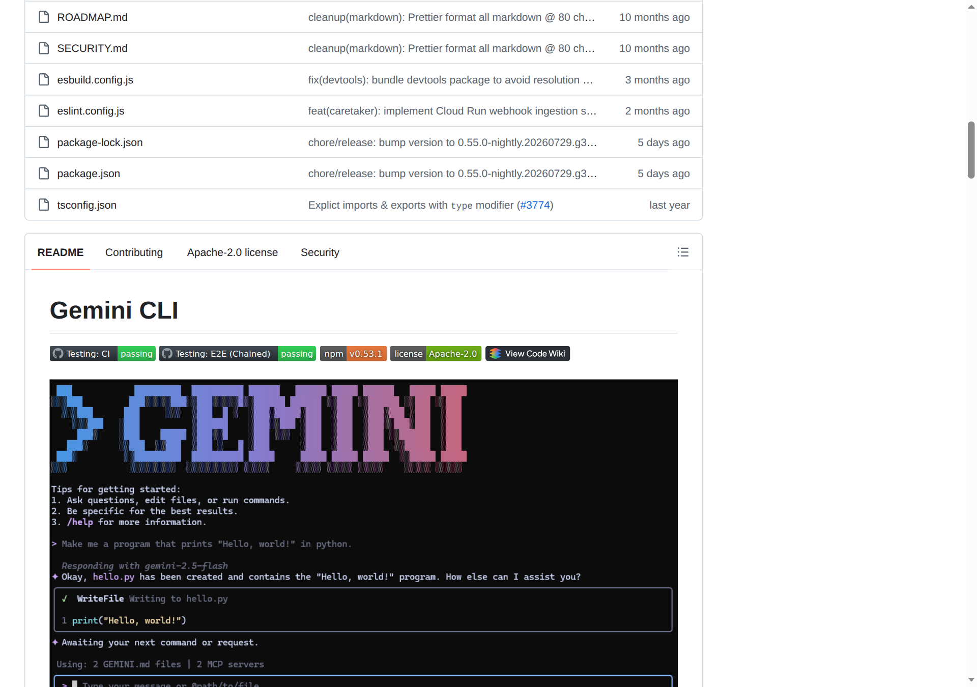 Gemini CLI README 開頭（badge 與終端機示意圖）
