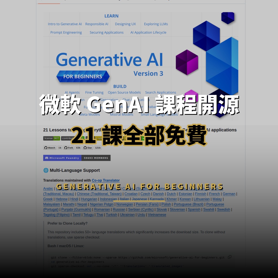 微軟 12 萬星 GenAI 課程：21 課全開源