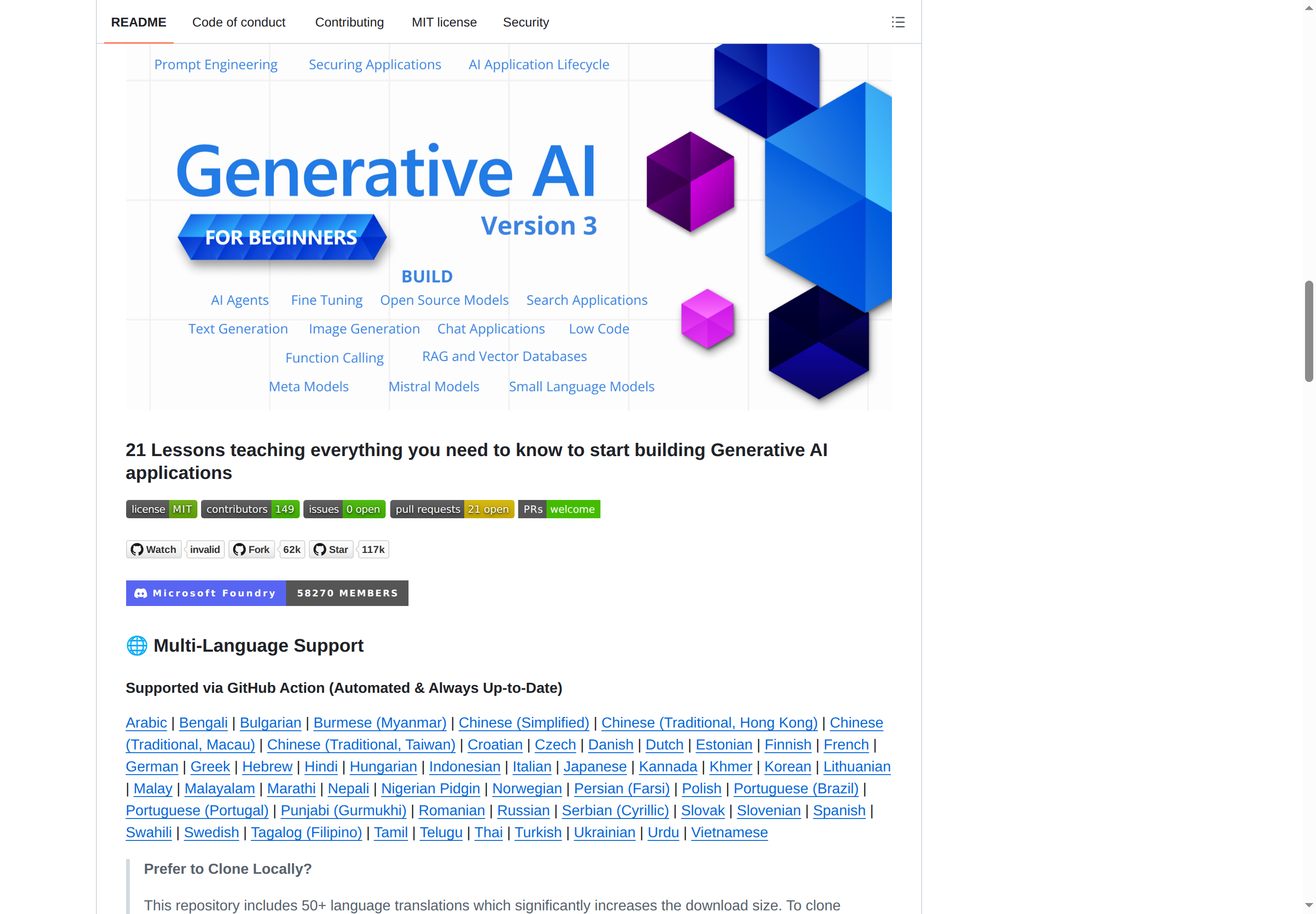 Generative AI for Beginners README 開頭（課程名 H1 大字 + 21 課定位描述）