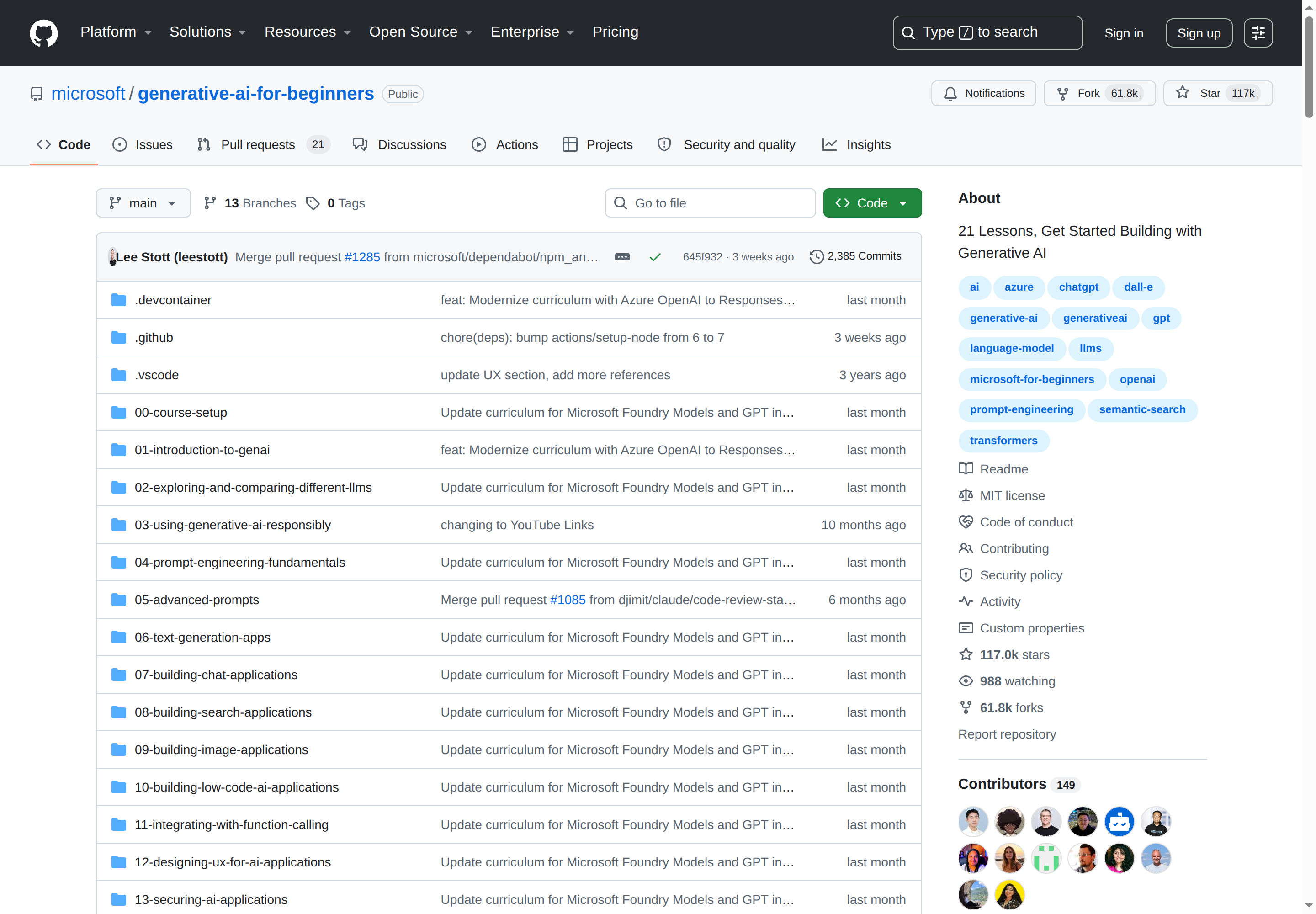 Generative AI for Beginners GitHub 主頁（repo 名 + 117k stars + 項目描述）