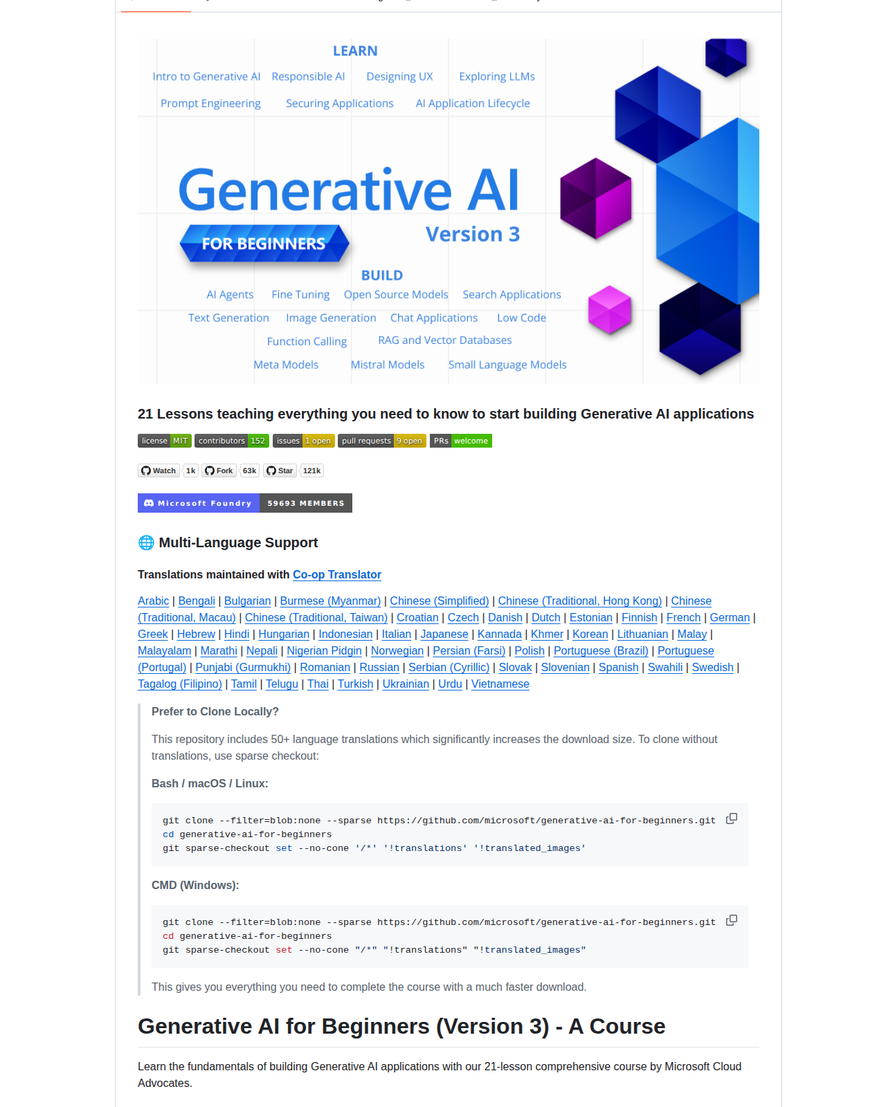 Generative AI for Beginners README 開頭，顯示課程縮圖、21 節課主題分類與星標數