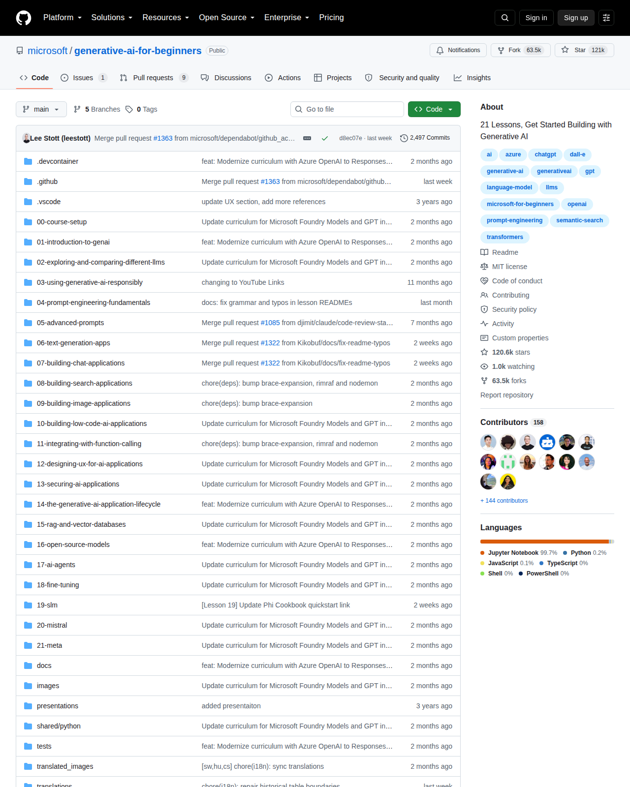 Generative AI for Beginners 課程 GitHub 首頁頂部，顯示 repo 名稱、星標 121k、複製 63.5k 與檔案目錄結構