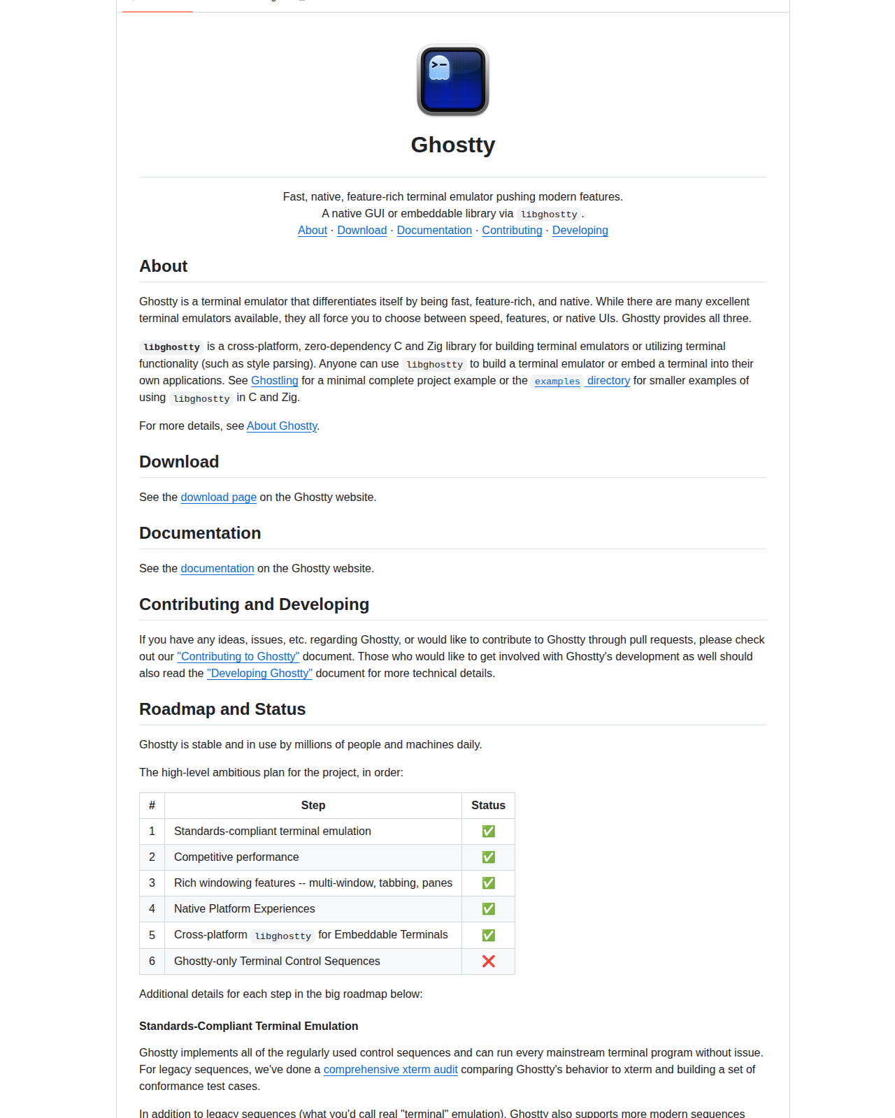 Ghostty README 開頭(項目名稱與標語,顯示 Ghostty 是快速、原生、功能豐富的終端模擬器)