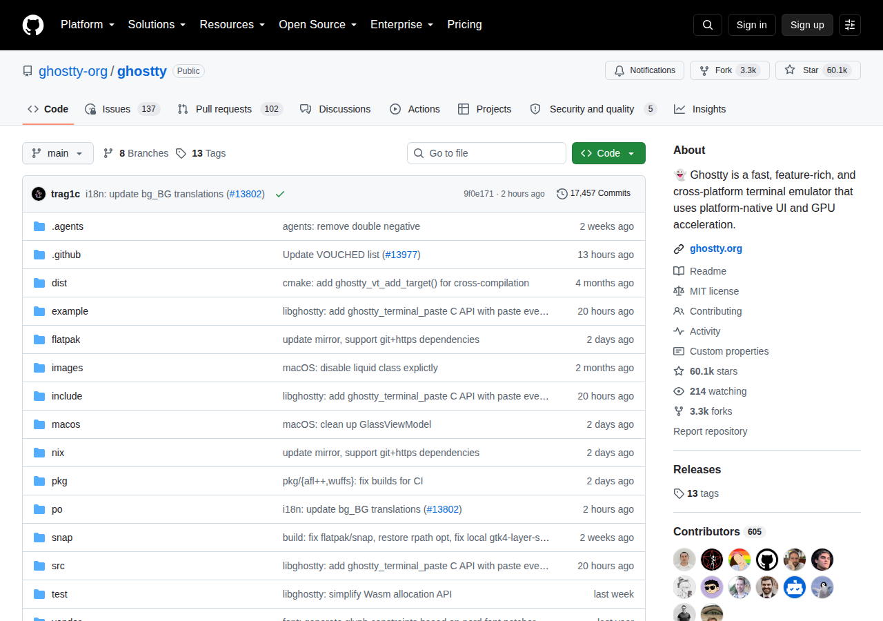 Ghostty GitHub 首頁頂部(repo 名稱、Star 數與描述,顯示 60,105 顆星與快速原生終端模擬器定位)