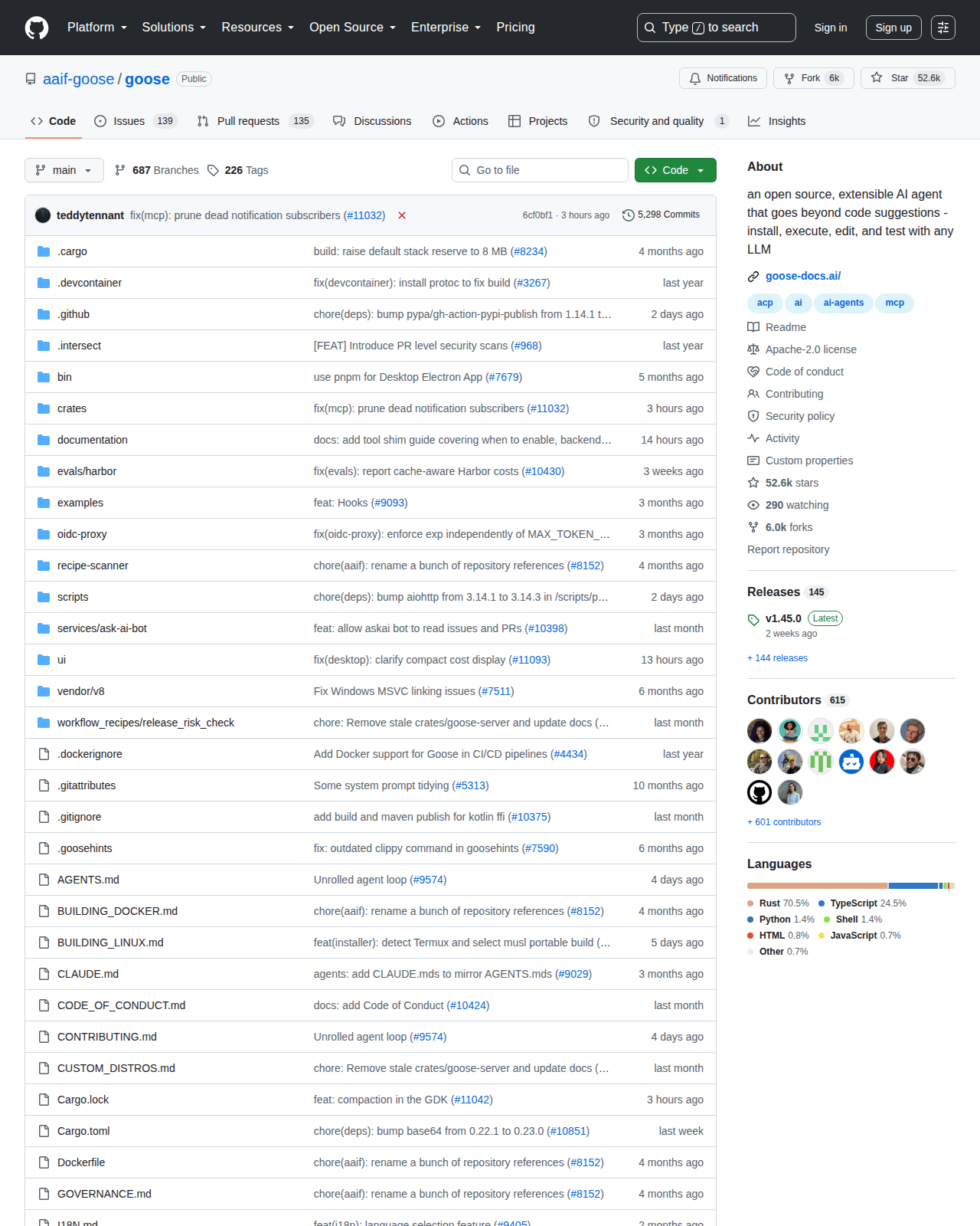 goose GitHub 首頁頂部（repo 名稱 aaif-goose/goose + 52.6k Star 數 + 6k Fork 數 + 項目描述「an open source, extensible AI agent」）