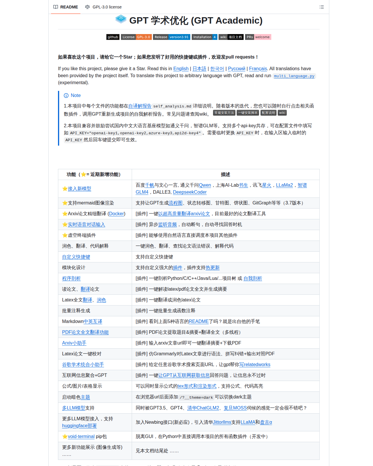 GPT Academic README 開頭，顯示項目名稱「GPT 學術優化（GPT Academic）」、多語言說明連結與星標徽章