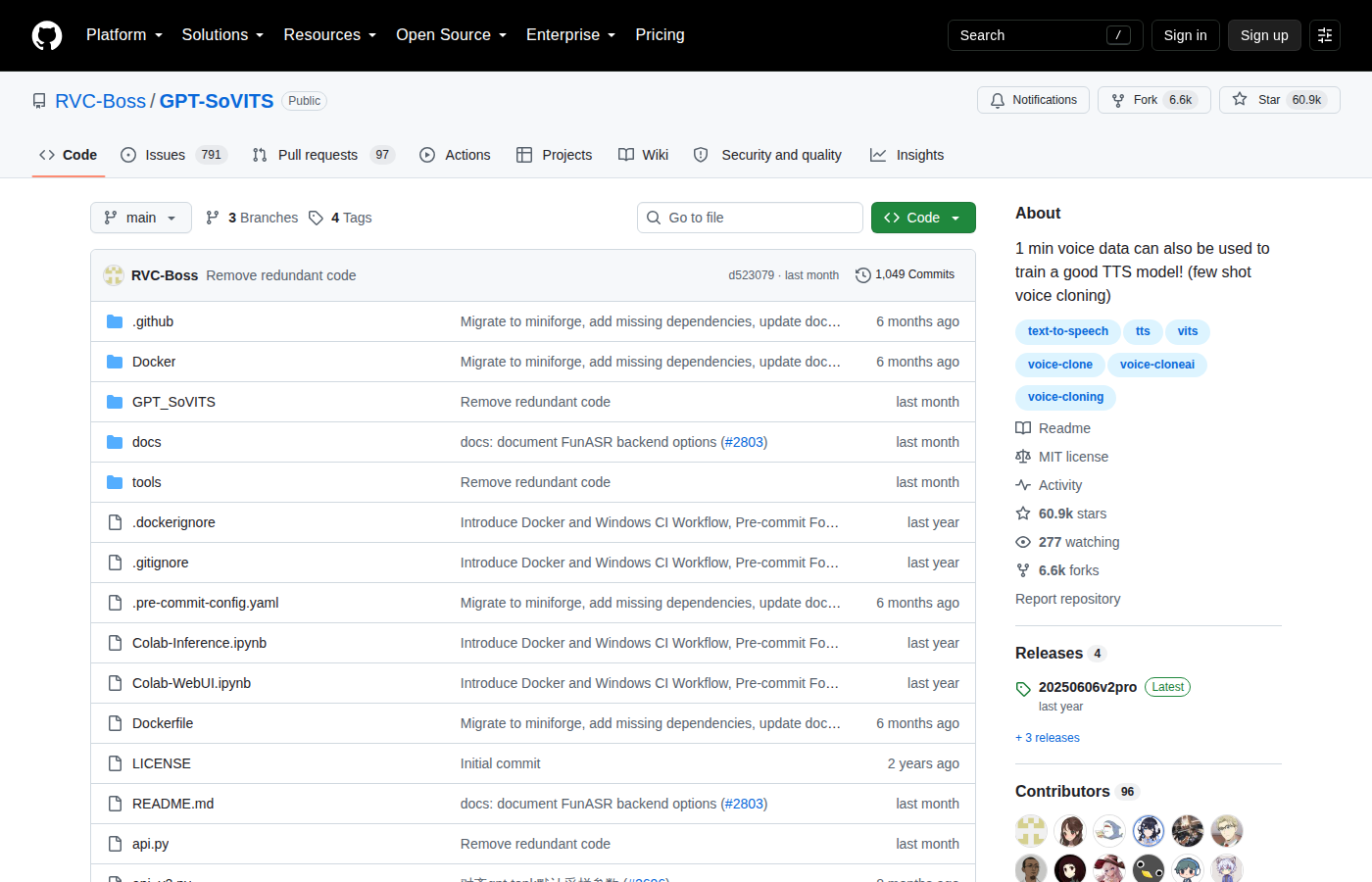 GPT-SoVITS GitHub 首頁頂部（repo 名稱「RVC-Boss / GPT-SoVITS」+ 60.9k 星標 + 6.6k Forks + 描述「1 min voice data can also be used to train a good TTS model! (few shot voice cloning)」+ 主要語言 Python + MIT 授權 + 96 位貢獻者）
