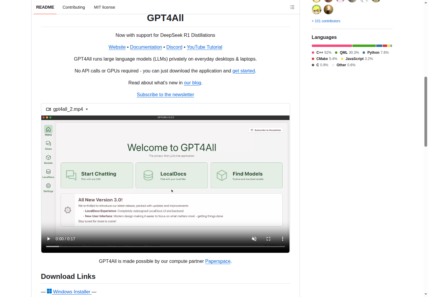 GPT4All README 開頭（項目 H1 大字 + 定位描述）