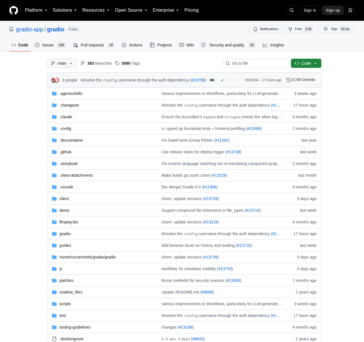 Gradio GitHub 首頁頂部（repo 名稱「gradio-app/gradio」+ Star 數 43.4k + Forks 3.6k + 描述「Build and share delightful machine learning apps, all in Python」+ Python 主要語言 + Apache-2.0 授權 + 383 Branches + 5890 Tags + 專案檔案目錄樹）