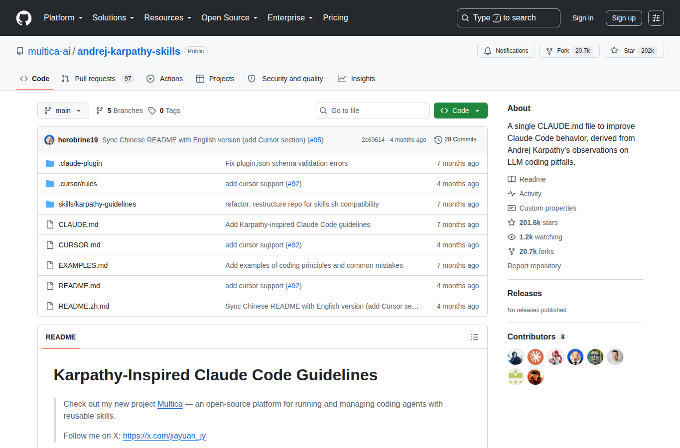 andrej-karpathy-skills GitHub 首頁頂部（repo 名稱「multica-ai/andrej-karpathy-skills」+ 201k 星標 + 描述「A single CLAUDE.md file to improve Claude Code behavior」+ 20.7k Forks + 更新時間）